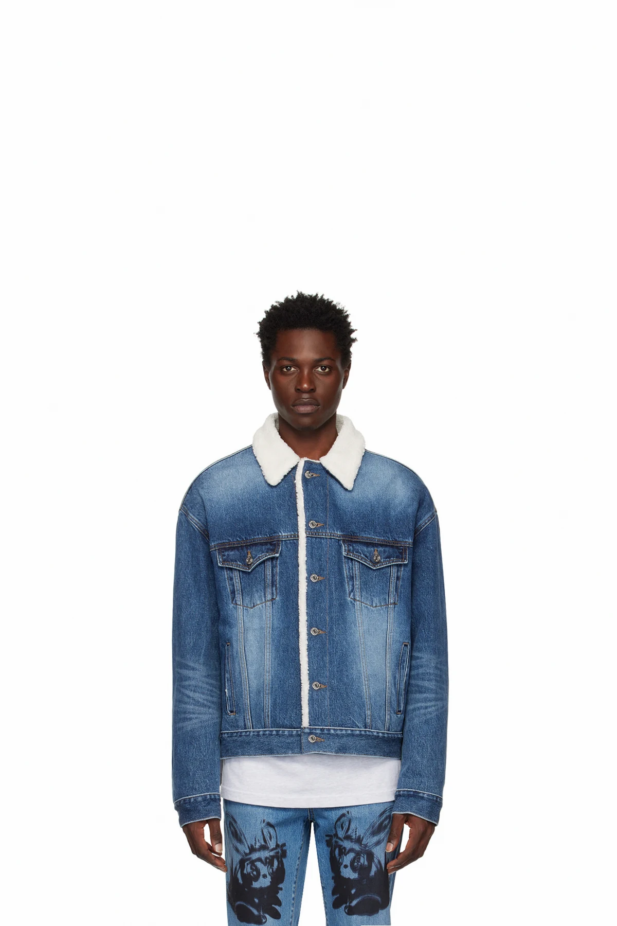 Navy Oversized Faux-Shearling Denim Jacket