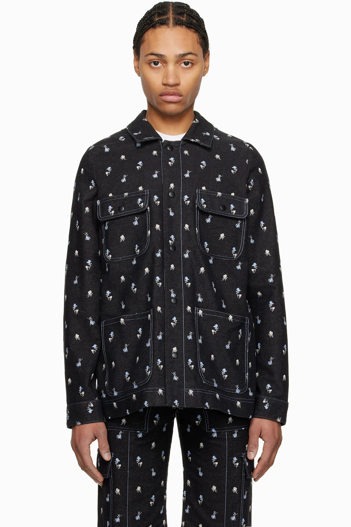 Black Embroidered Roses Barn Denim Jacket