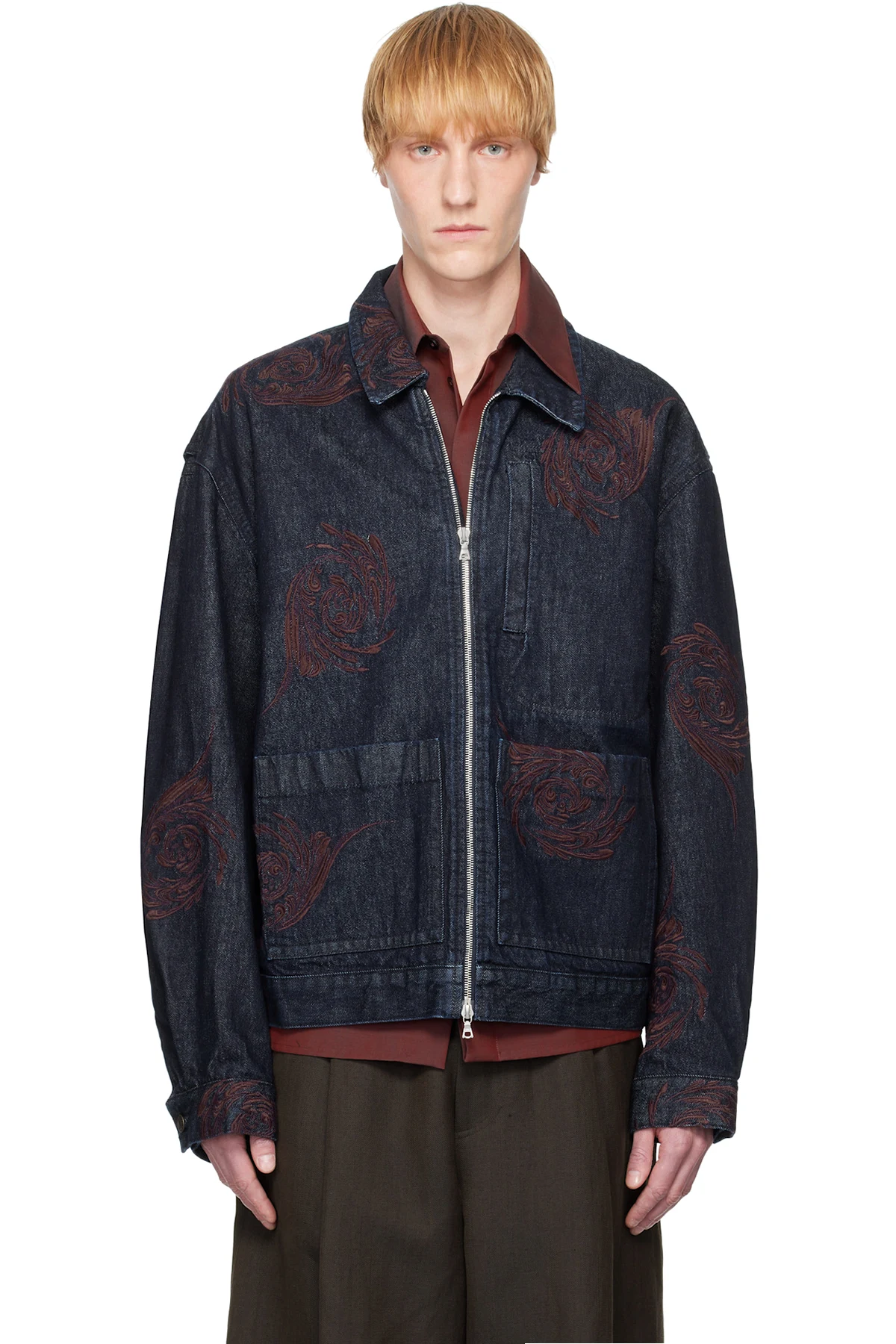 Navy Embroidered Pattern Denim Jacket