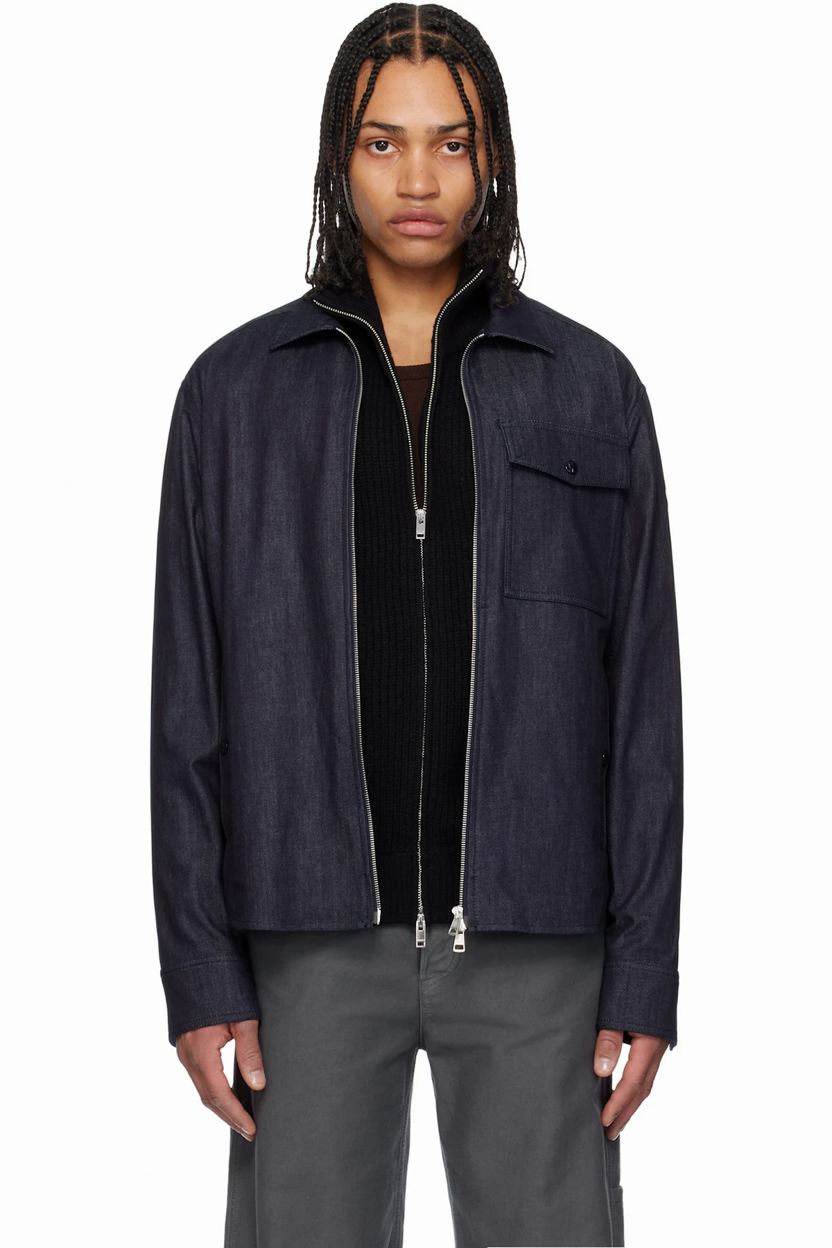 Blue Long Sleeve Zip-Up Denim Jacket