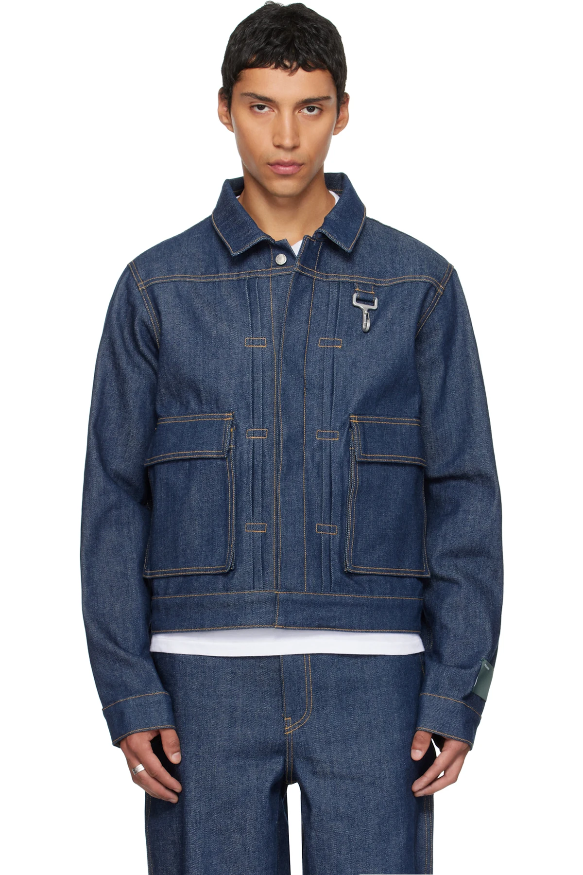 Navy Concealed Button Denim Trucker Jacket