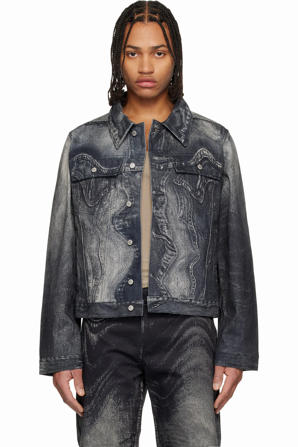 Black Distorted Print Denim Jacket