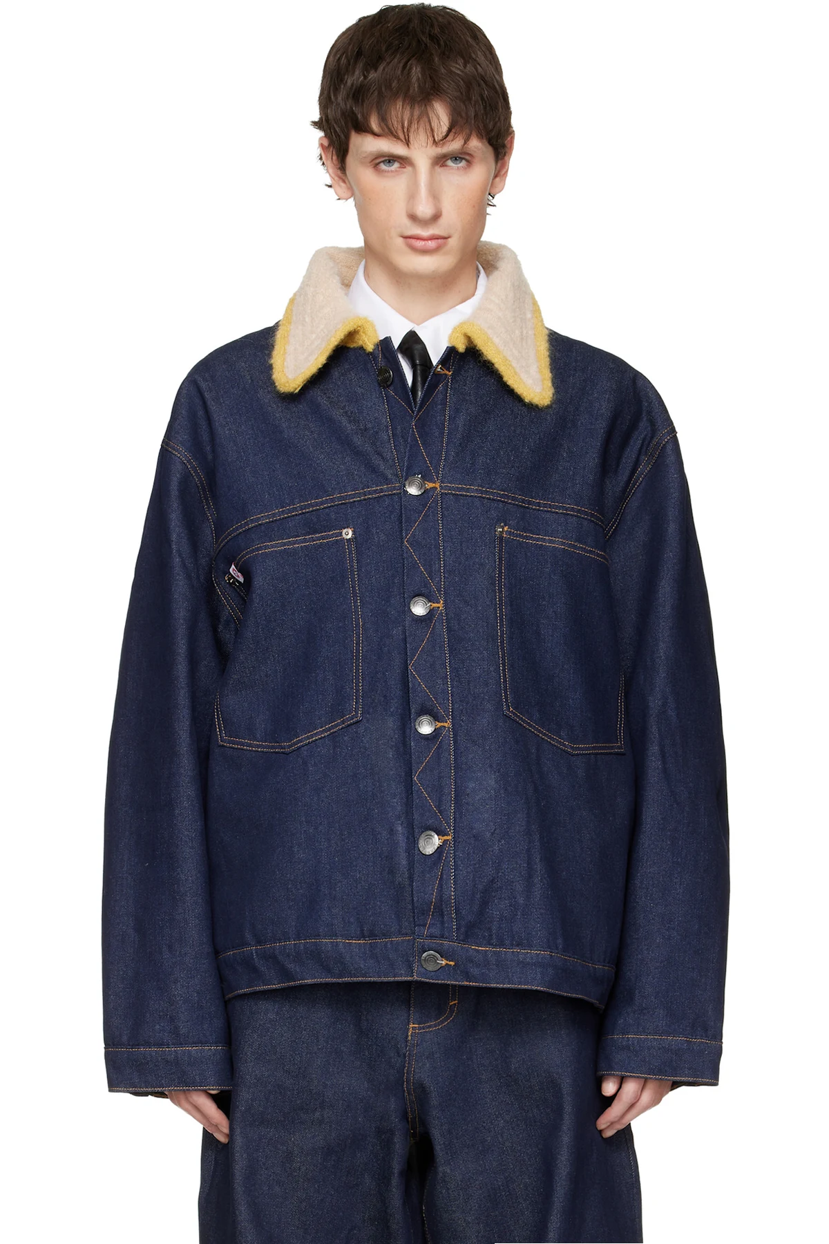 Navy Knitted Collar Denim Jacket