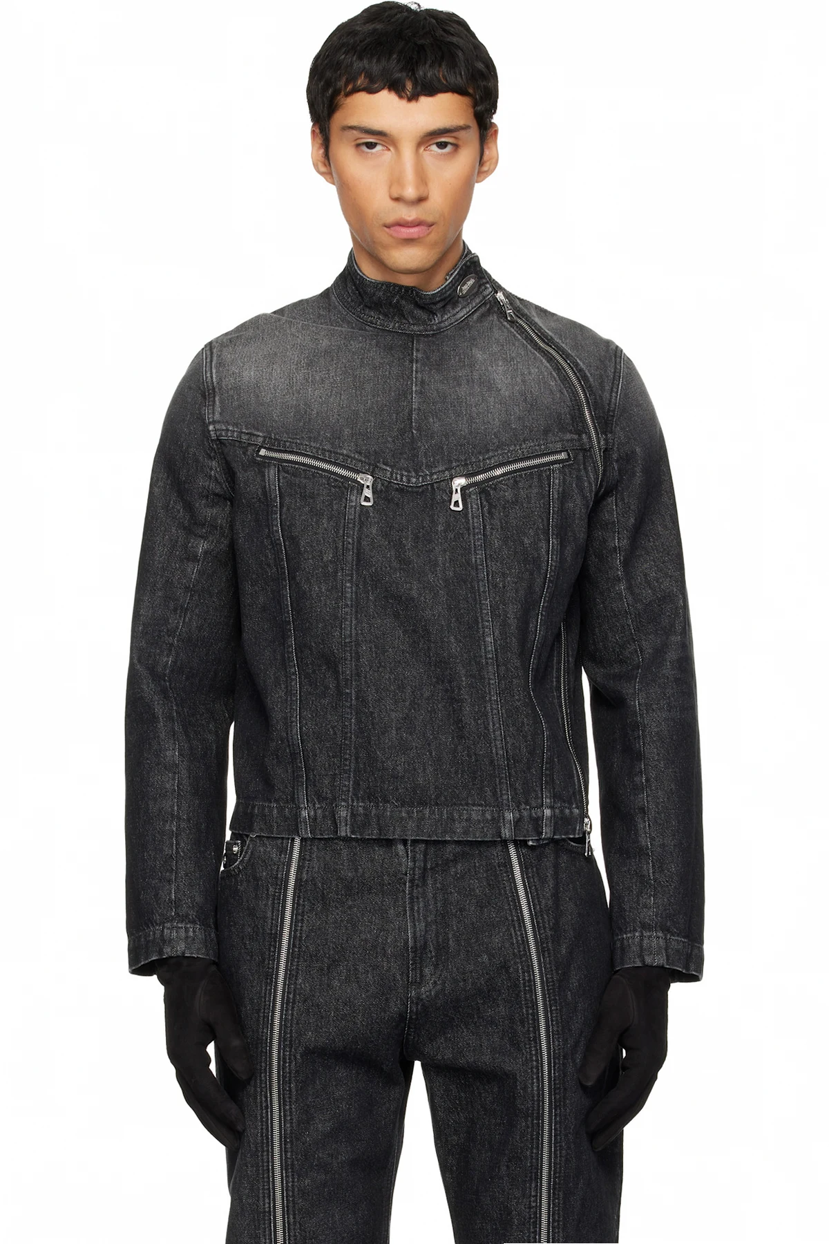 Black High Neck Zipped Gloves Denim Jacket