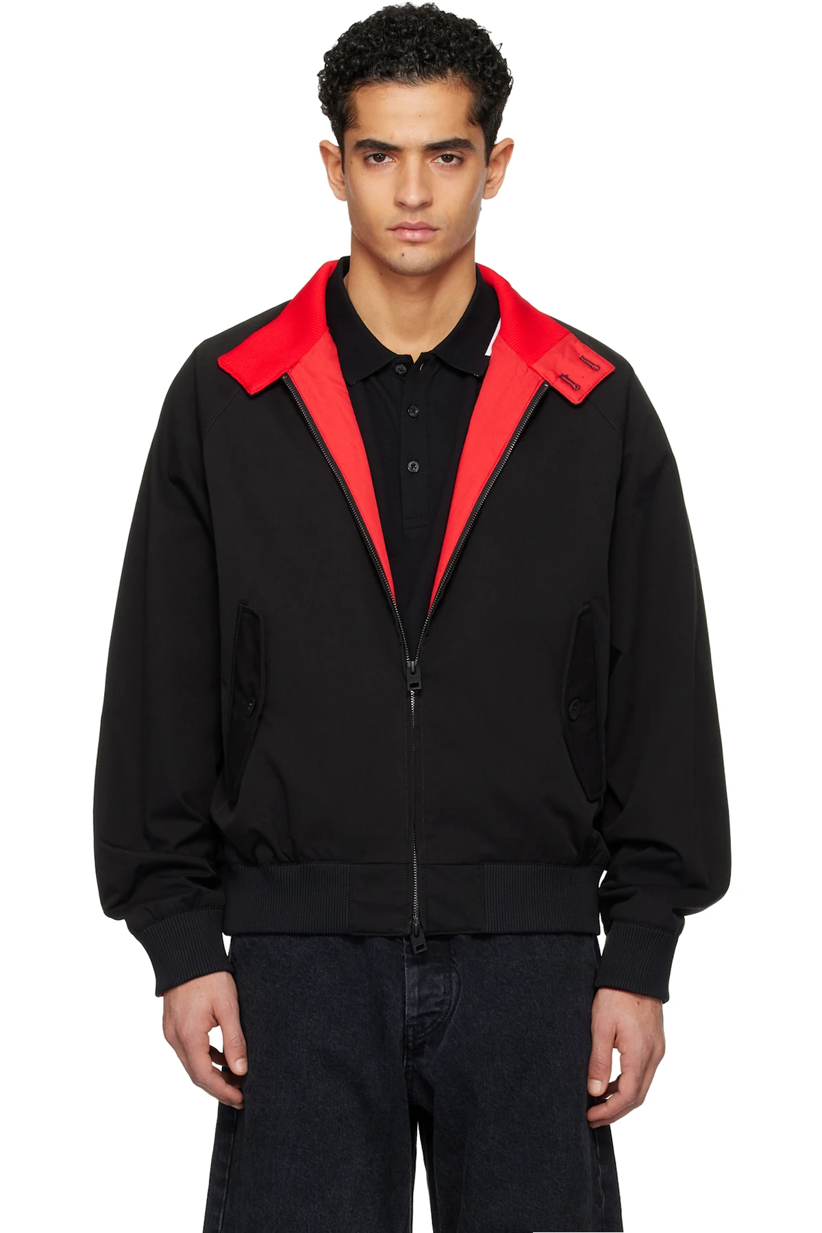 Black Twill Buttoned Stand Collar Bomber Jacket