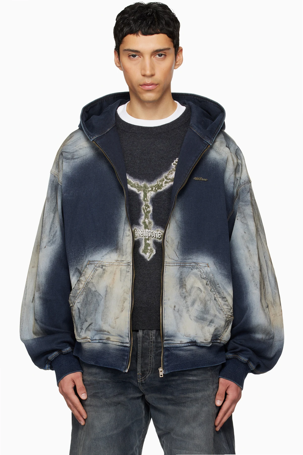 Blue Zip-Up Dirty Denim Jacket