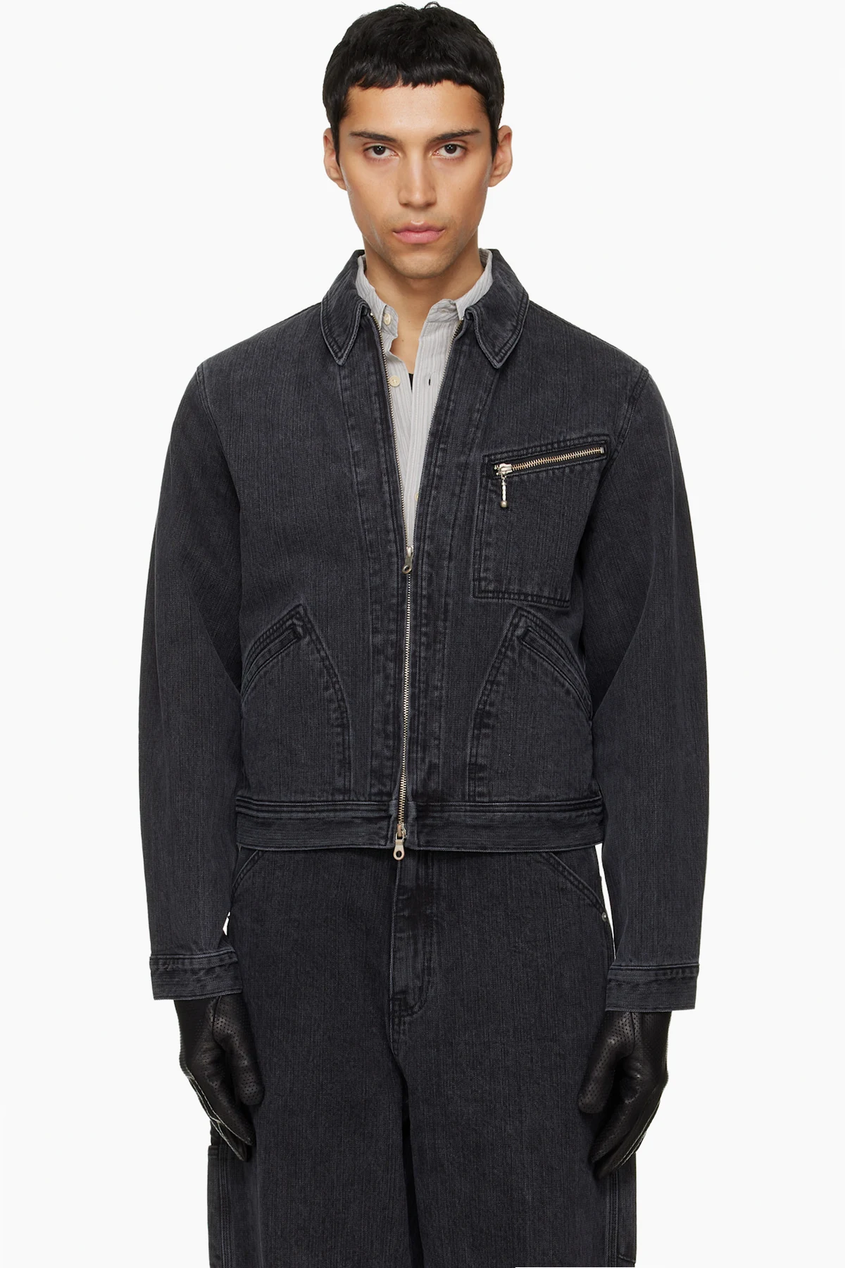 Black Cord Twill Zippered Denim Jacket