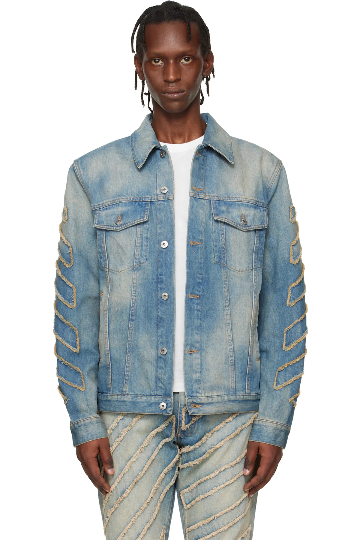Blue Diagonal Raw Patch Denim Jacket