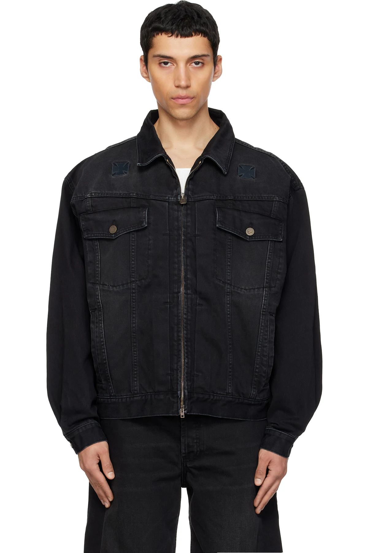 Black Appliqué Biker Crosses Zip Denim Jacket