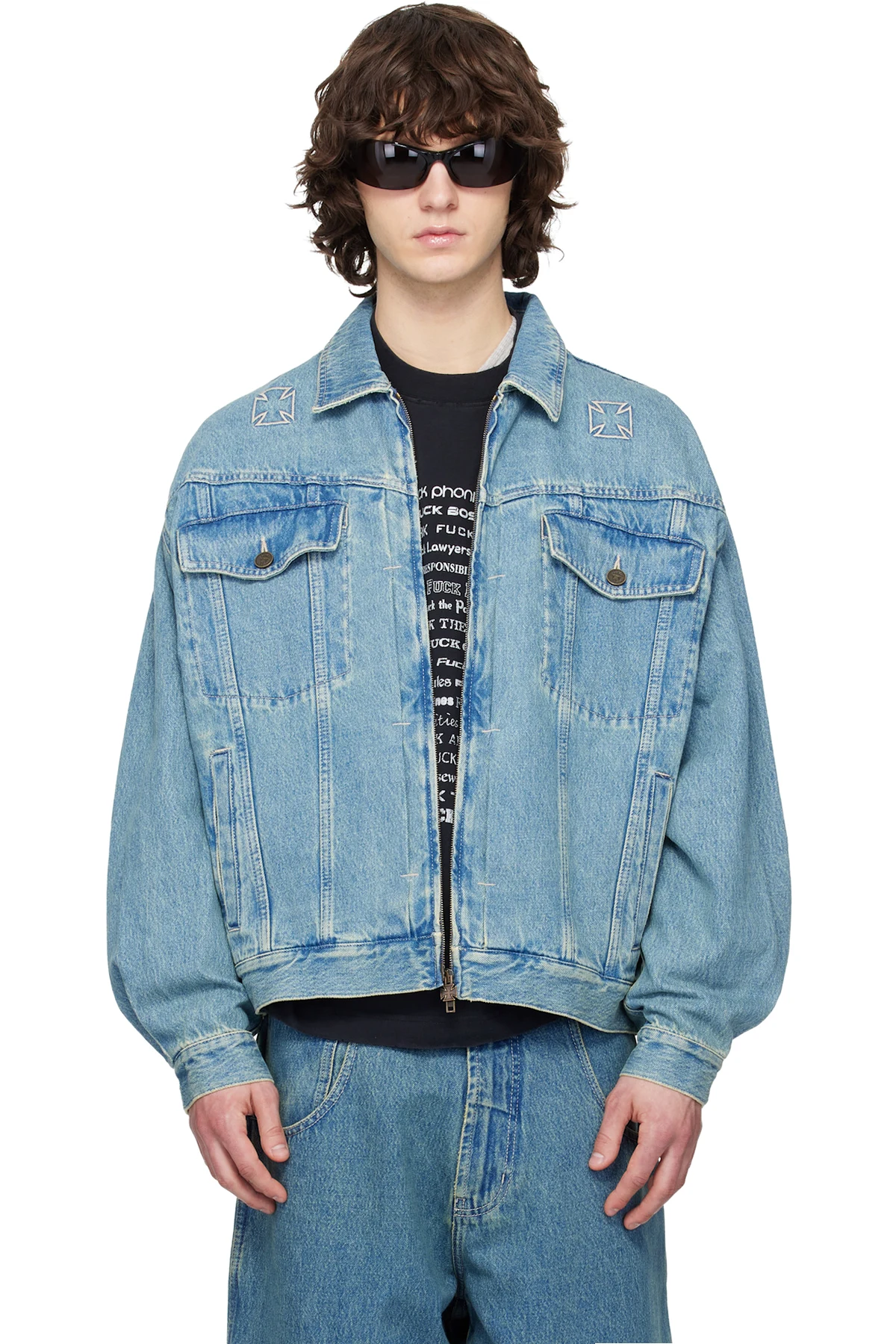 Blue Biker Crosses Denim Jacket
