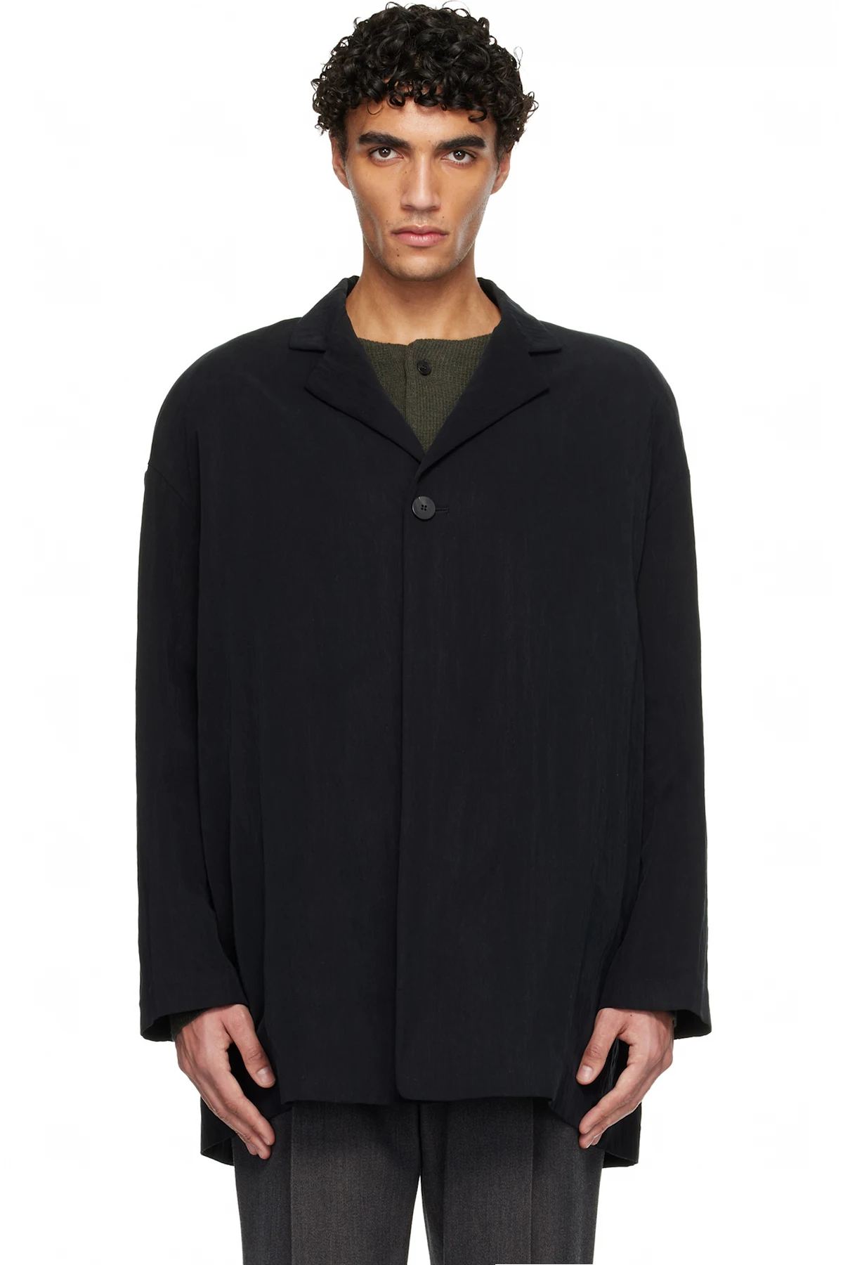 Black Tencel Nylon Unlined Relaxed Blazer