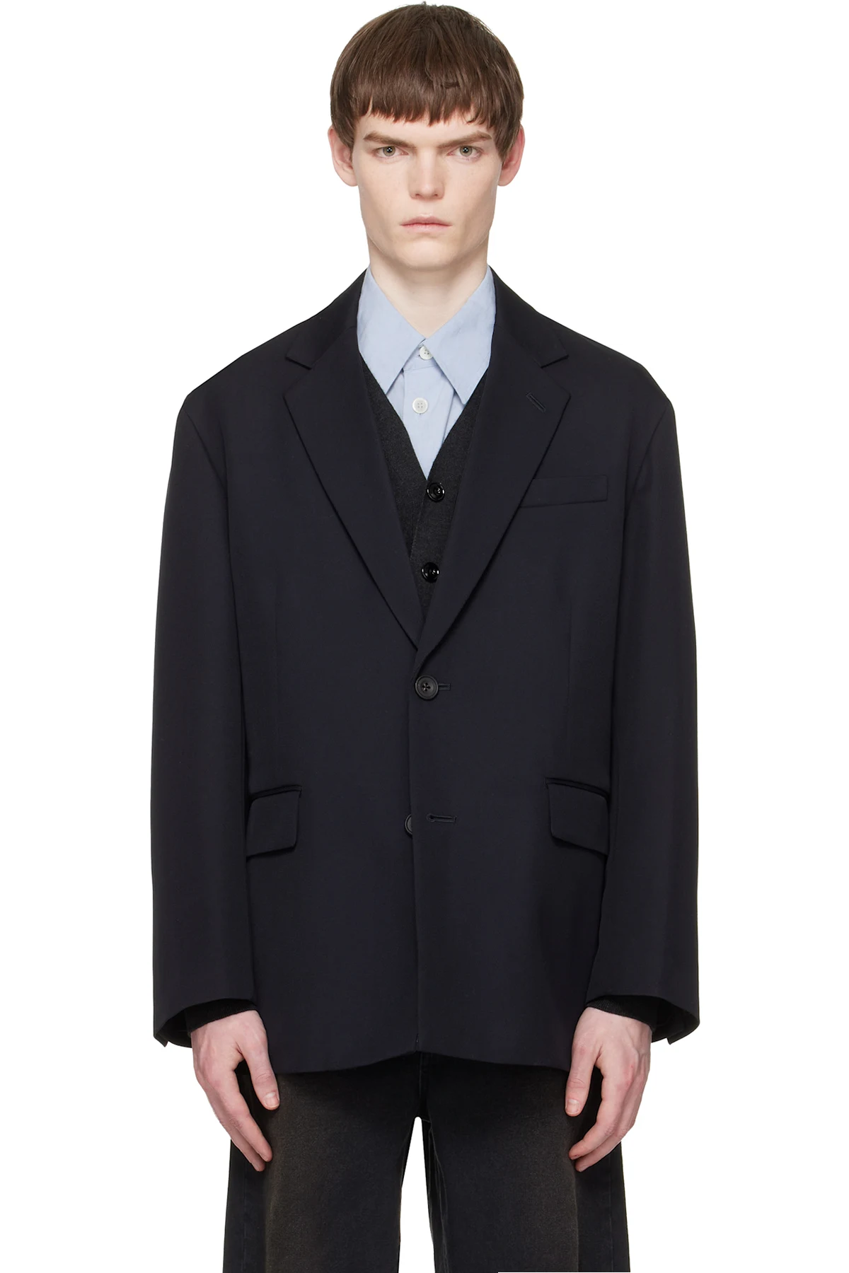 Navy Wool Kersey Oversized Single Breasted Blazer