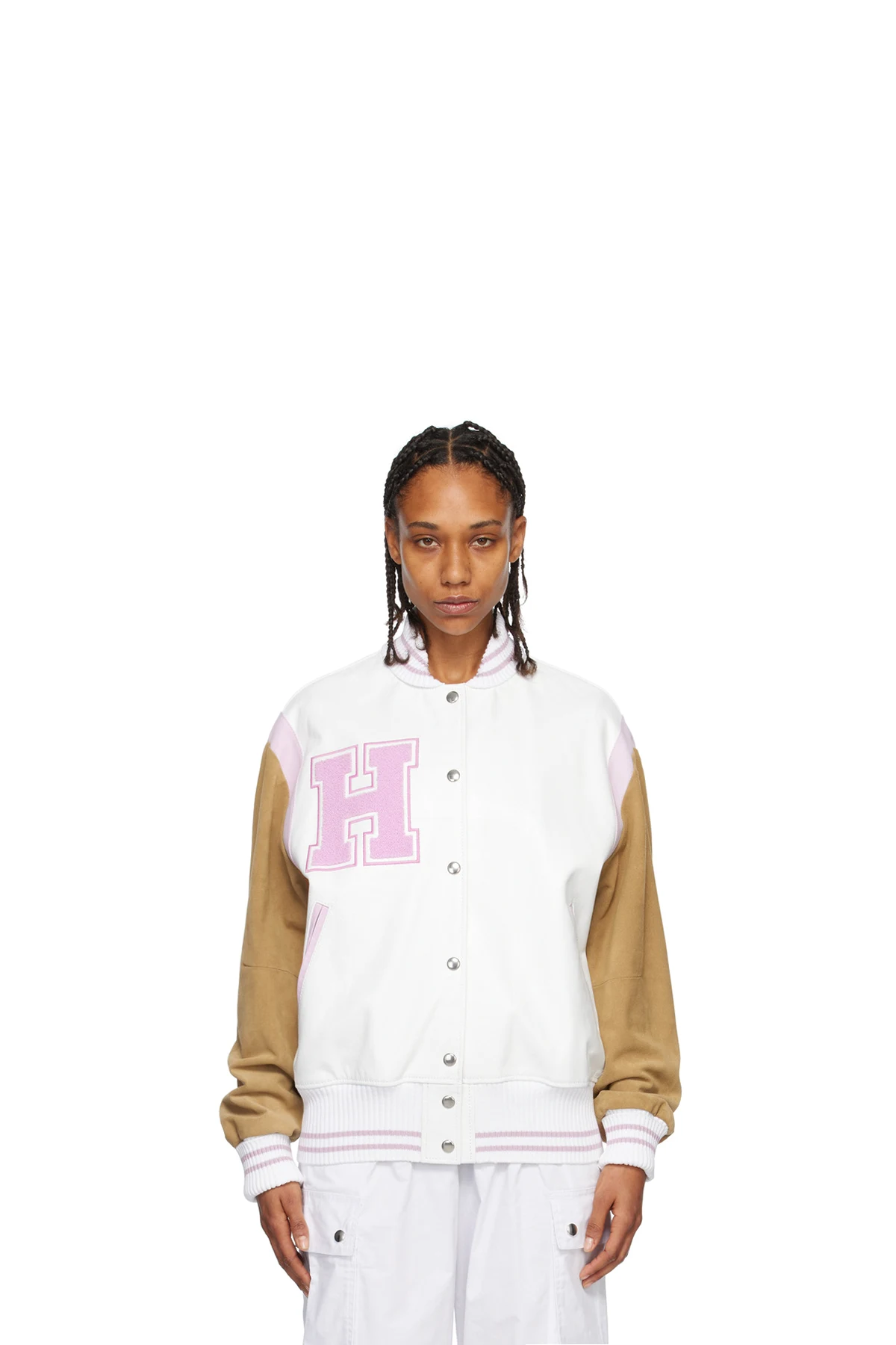 White & Pink Paneled Bomber Jacket