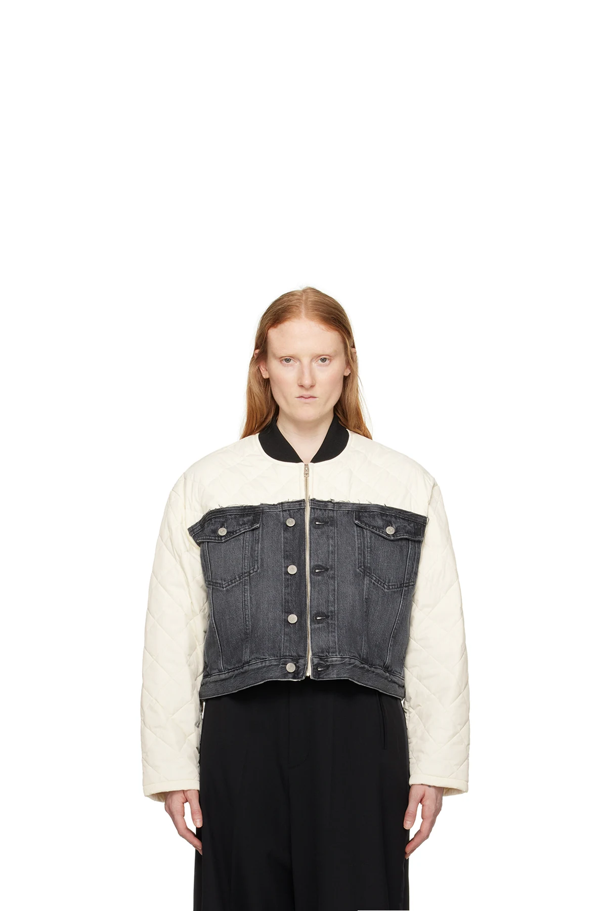 Off-White & Black Paneled Denim Bomber Jacket