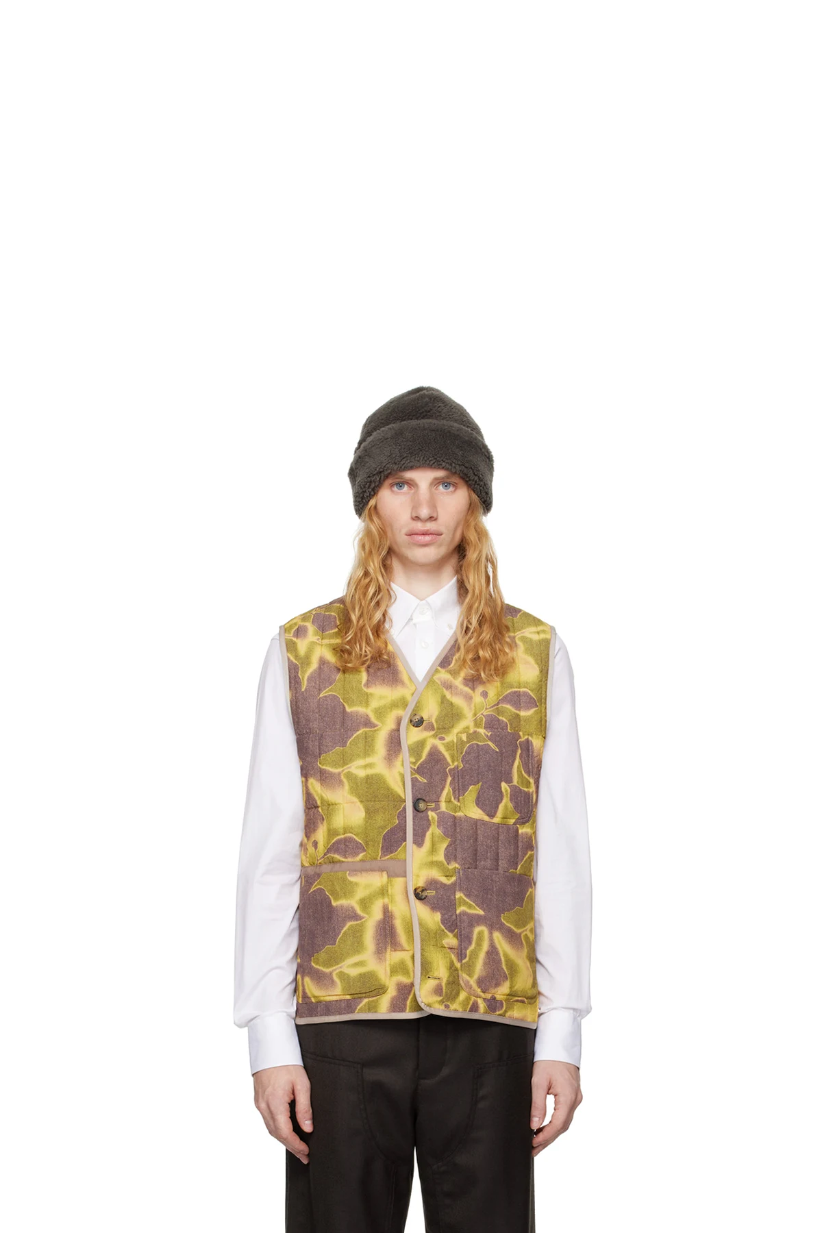 Multicolor Photogram Leaves Print Quilted Vest