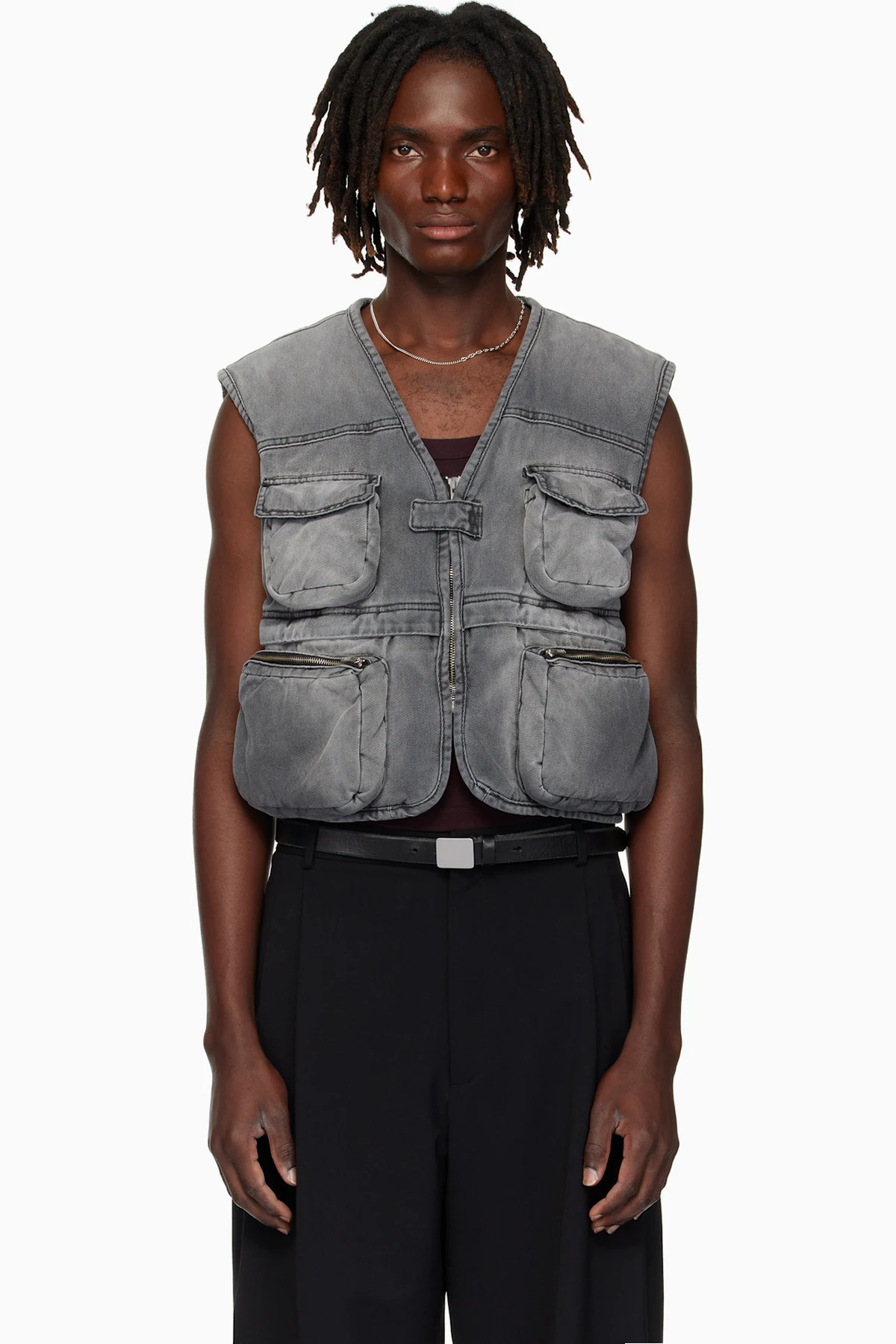 Gray Wadded Denim Cargo Vest