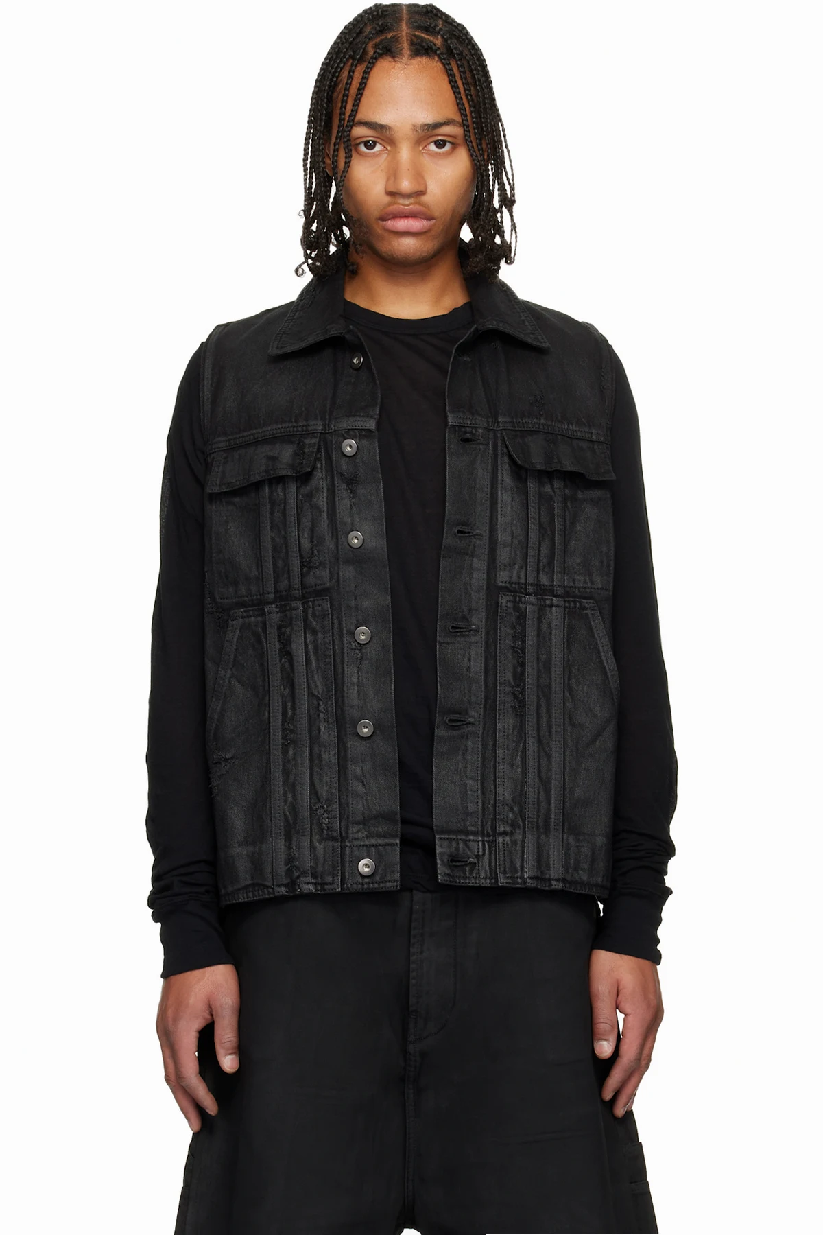 Black Distressed Waxed Denim Vest