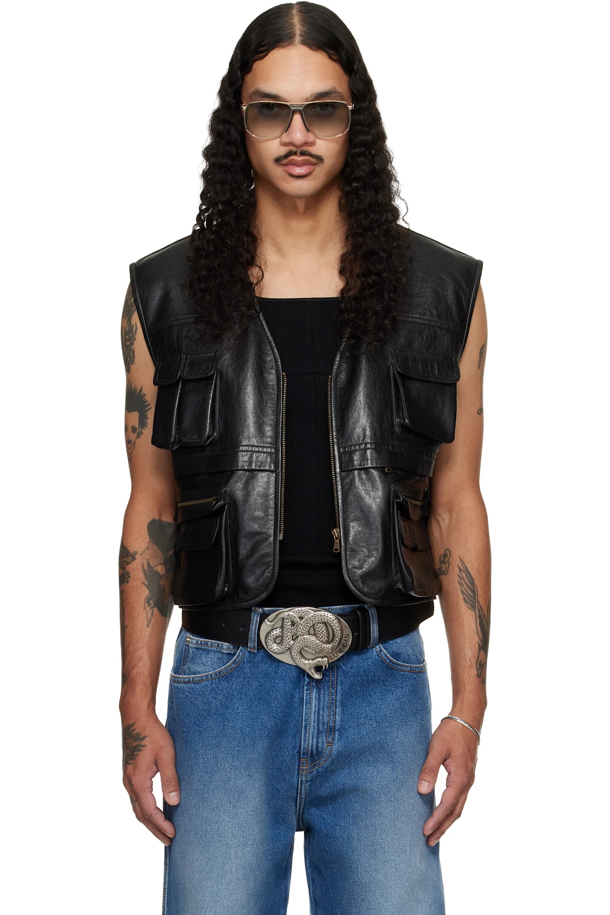 Black Cargo Faux-Leather Vest