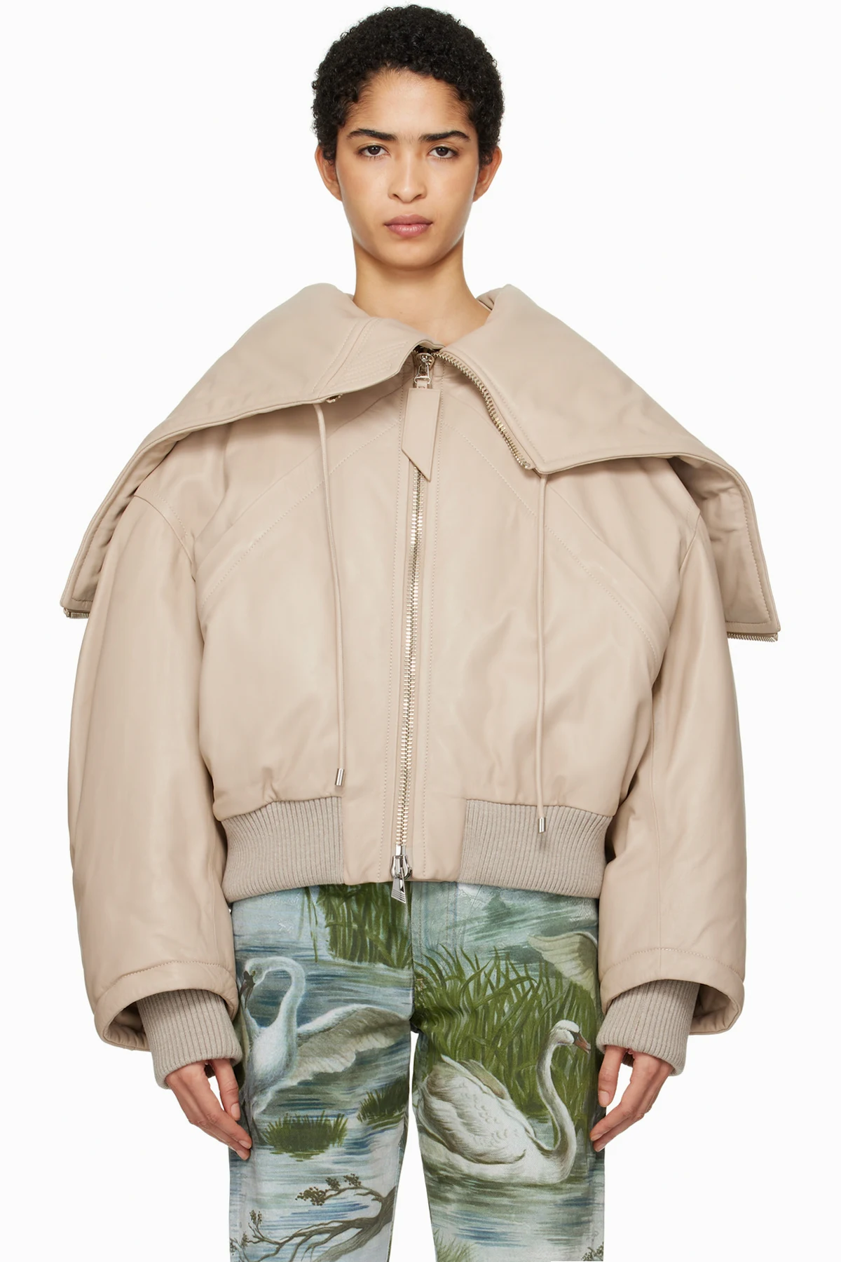 Biege Padded Leather Bomber Jacket