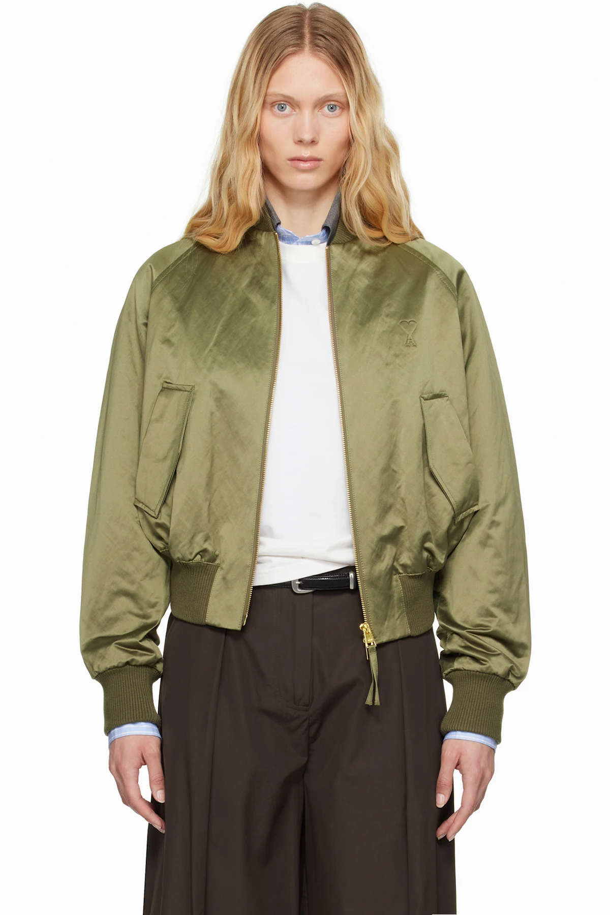 Green Cotton Satin Ami de Coeur Bomber Jacket