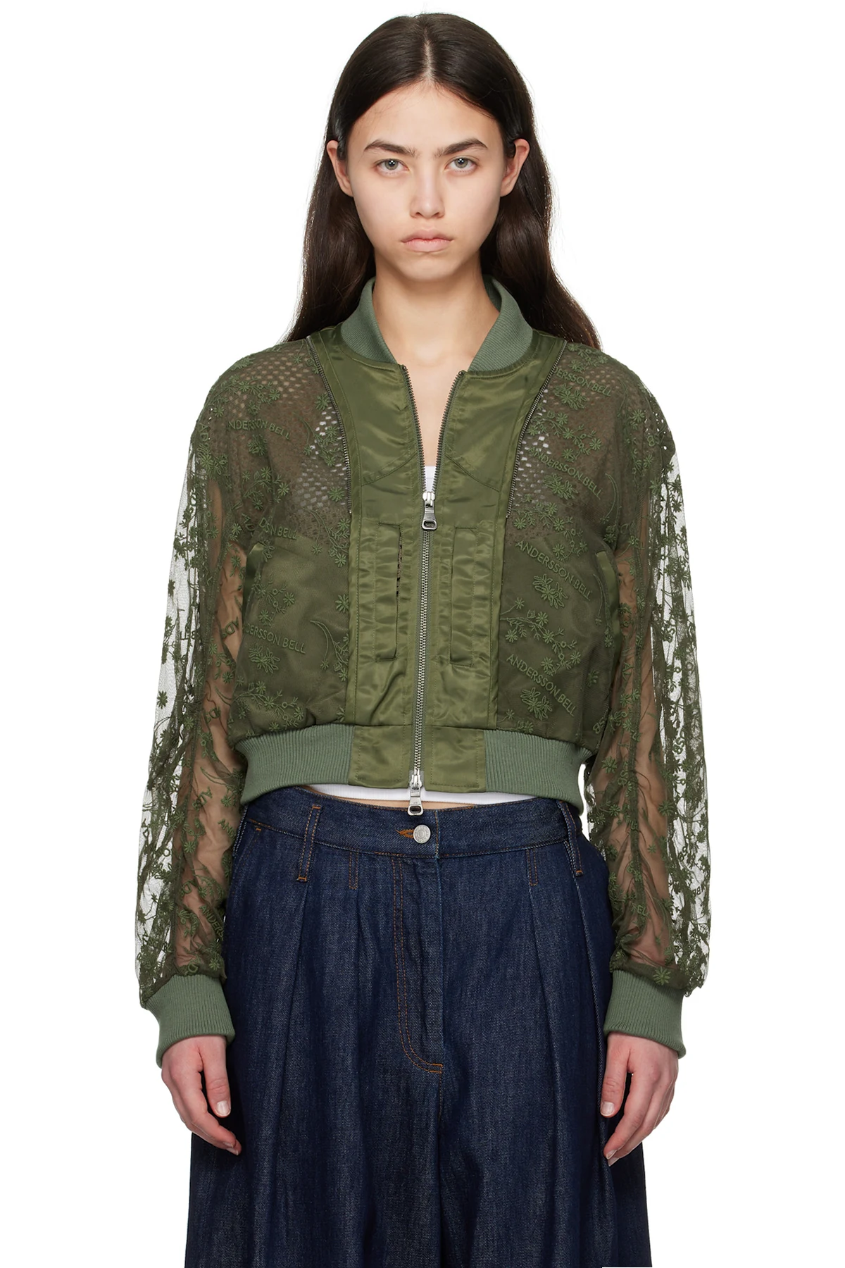 Khaki Layered Logo Lace Short Bomber Jacket