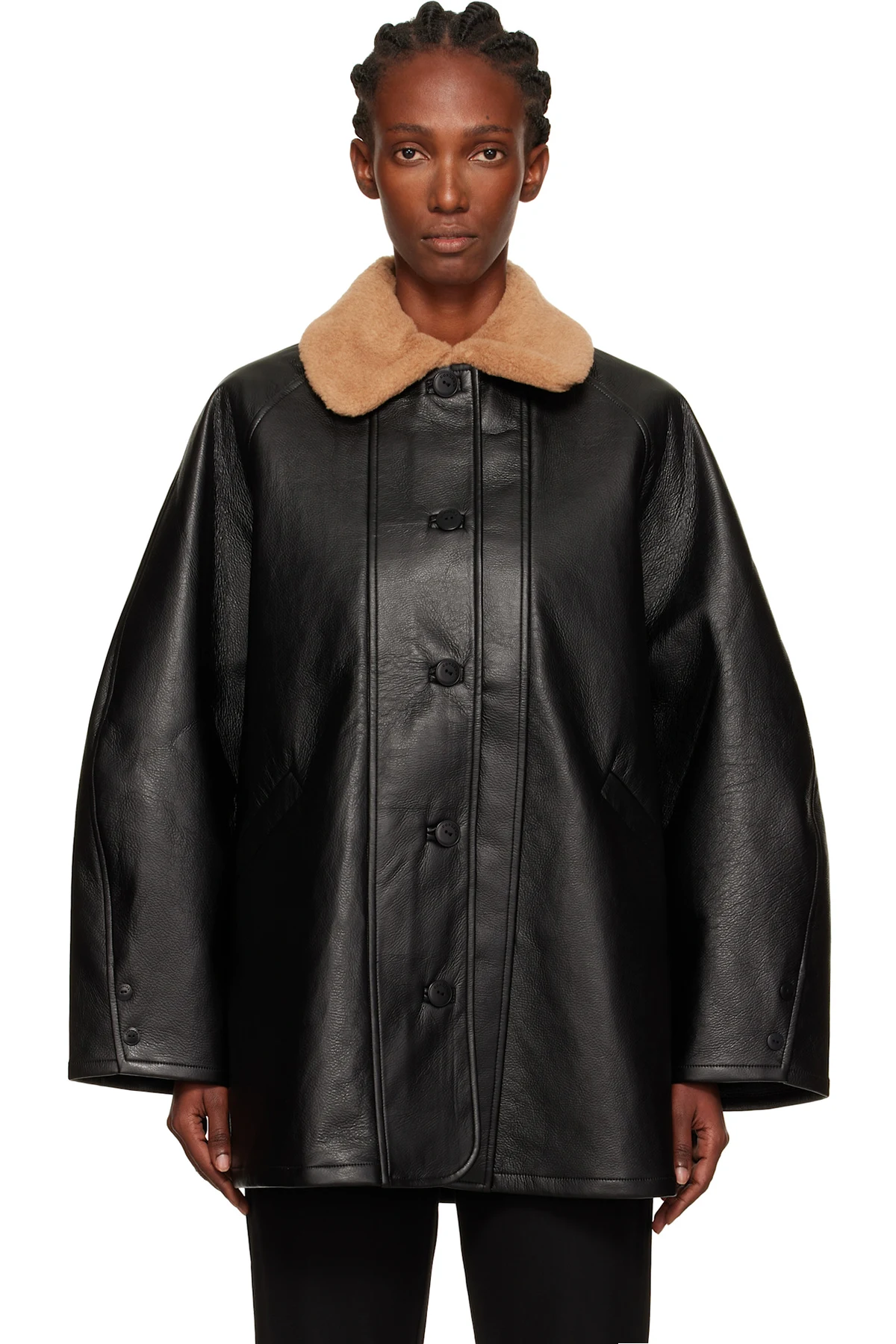 Black Aviator Midi Faux-Leather Coat