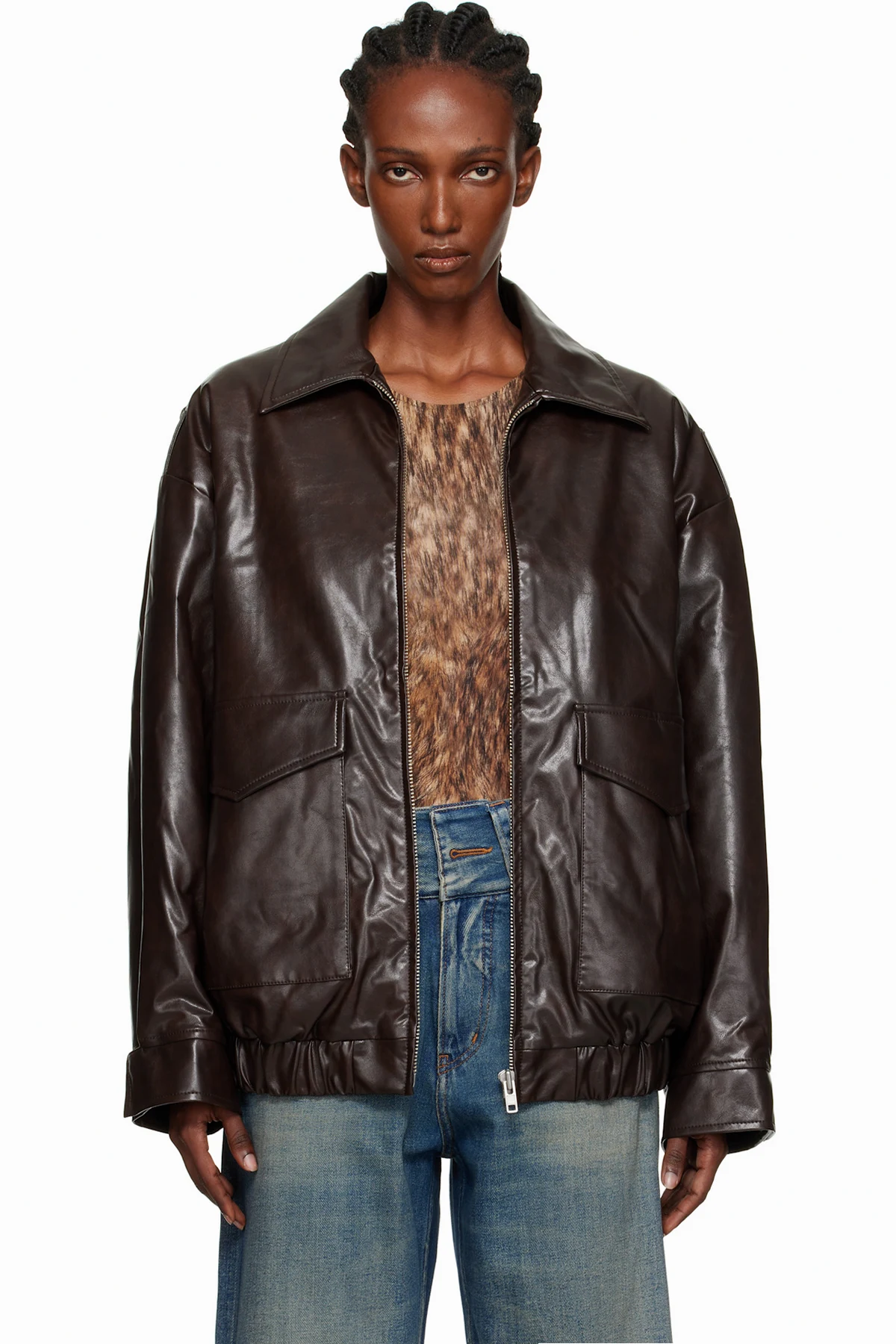 Brown Zip Faux-Leather Bomber Jacket