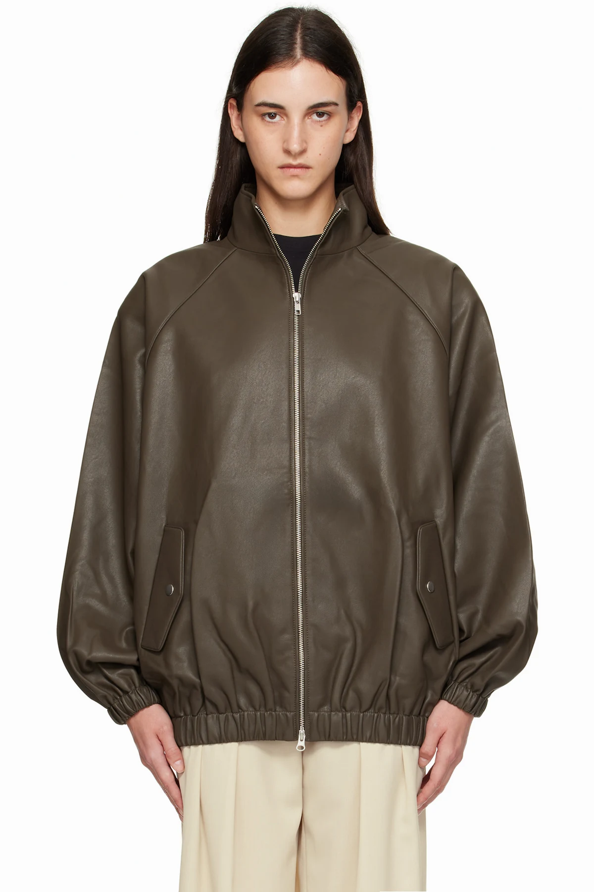 Taupe Senta Faux-Leather Bomber Jacket