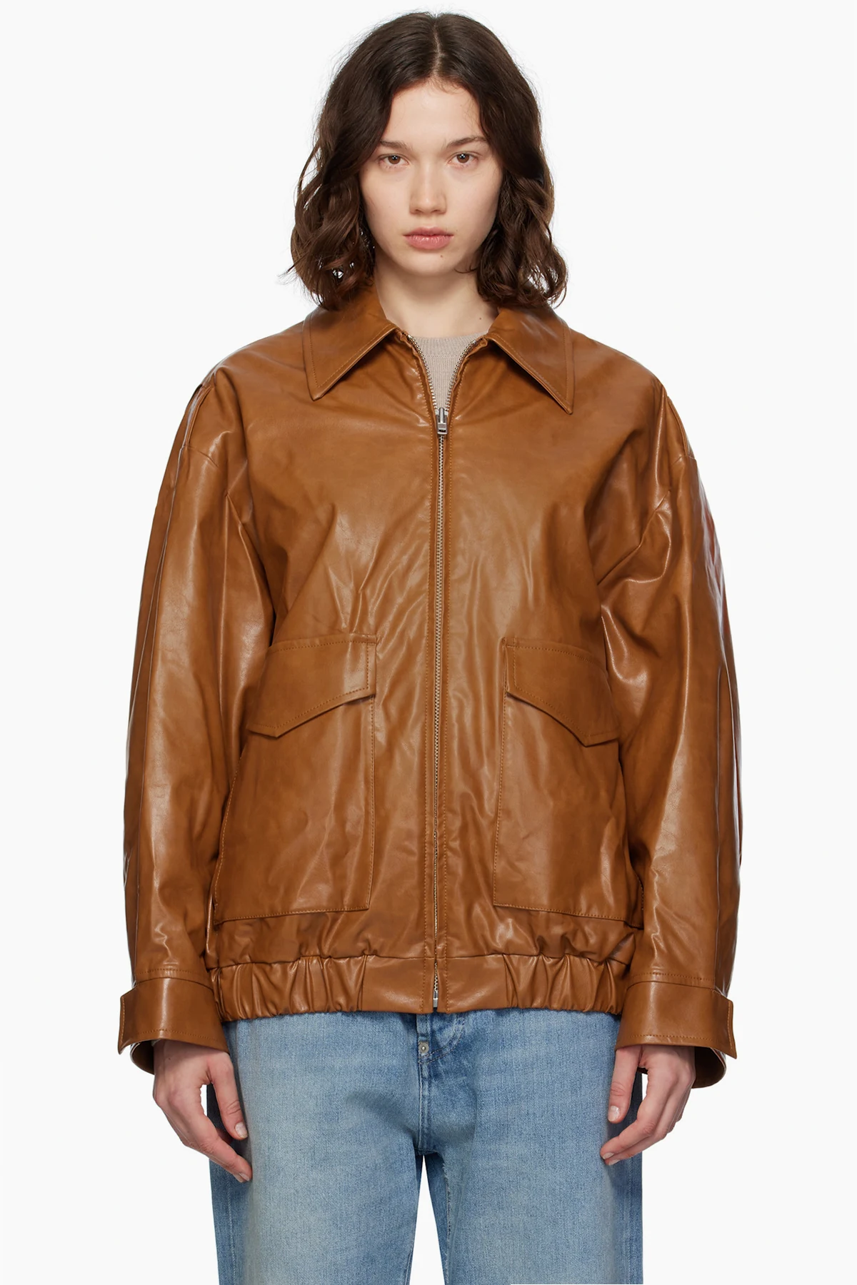 Brown Oversized Faux-Leather Bomber Jacket