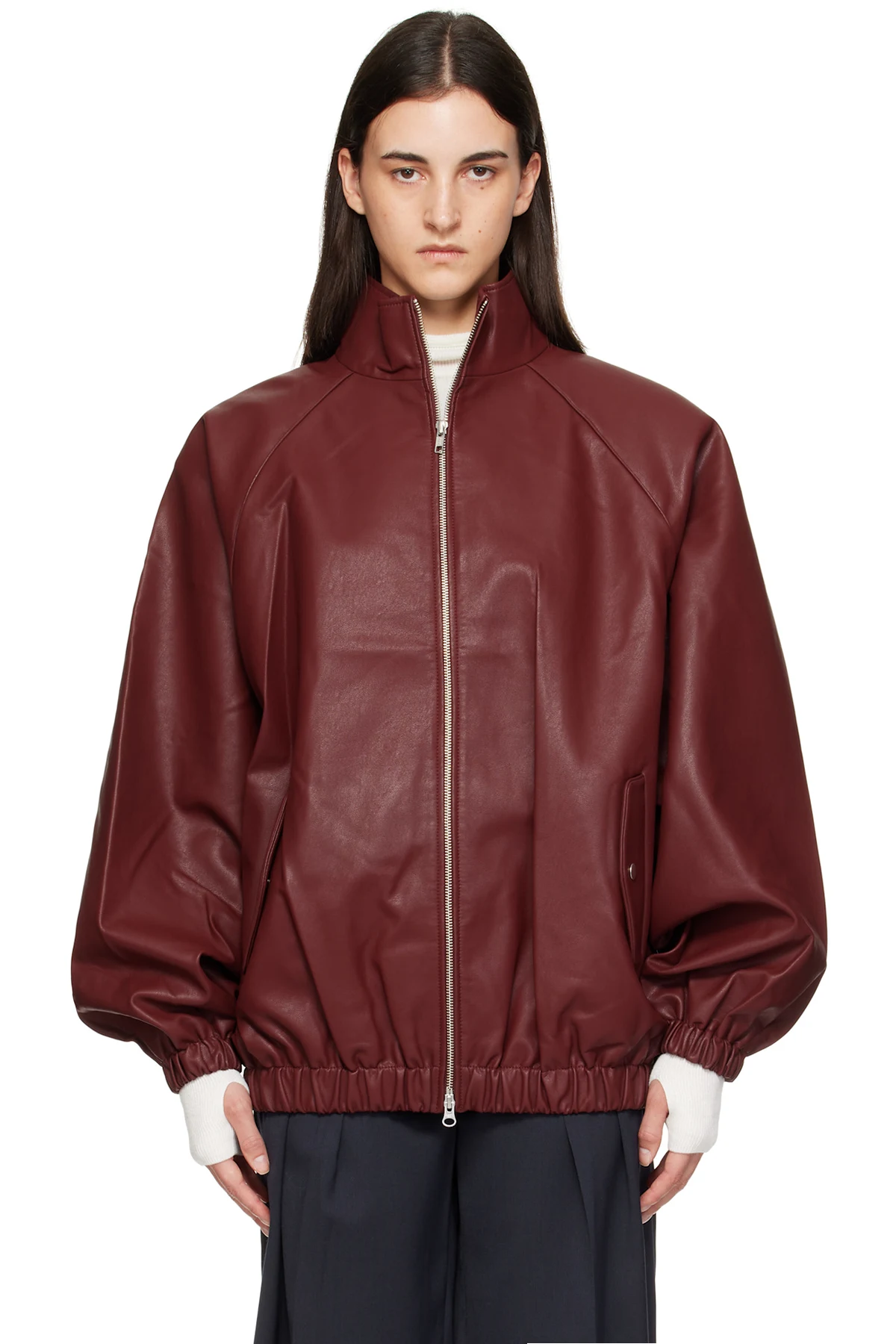 Burgundy Senta Faux-Leather Bomber Jacket