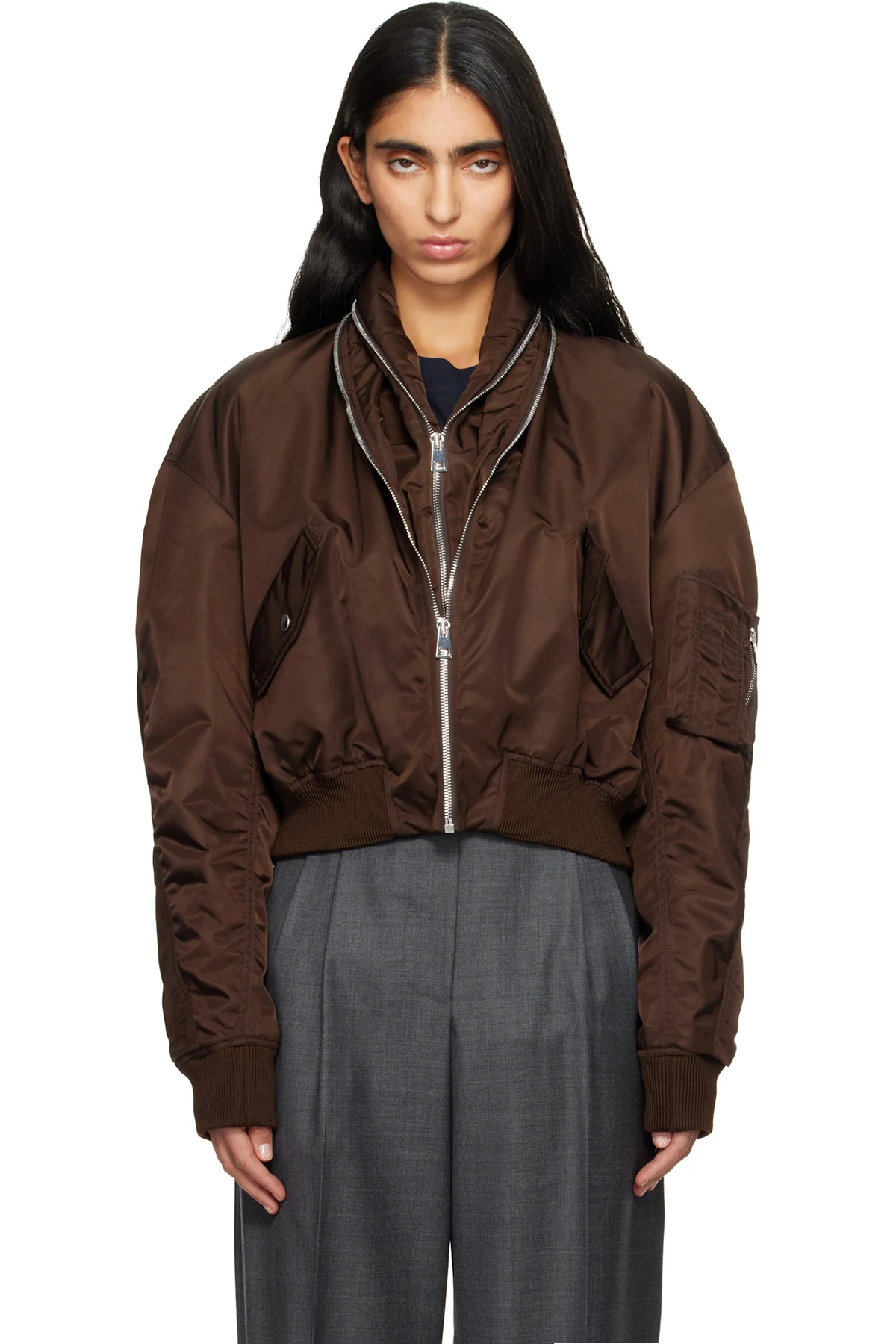 Brown Zipped Shawl Collar Bomber Jacket
