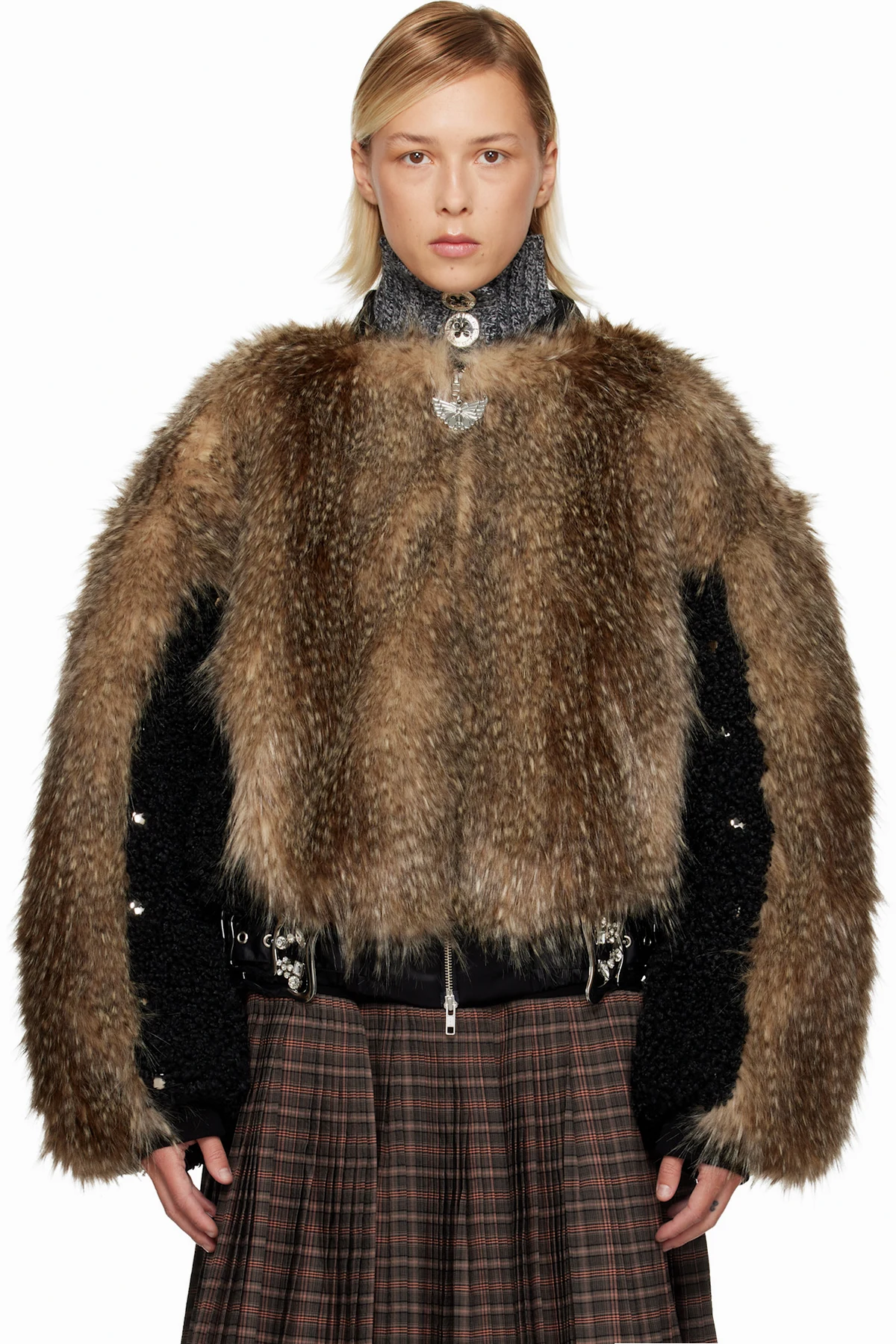 Black & Beige French Kiss Faux-Fur Bomber Jacket