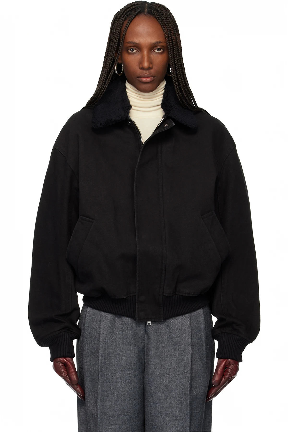Black Washed Cotton Faux-Shearling Trim Bomber Jacket