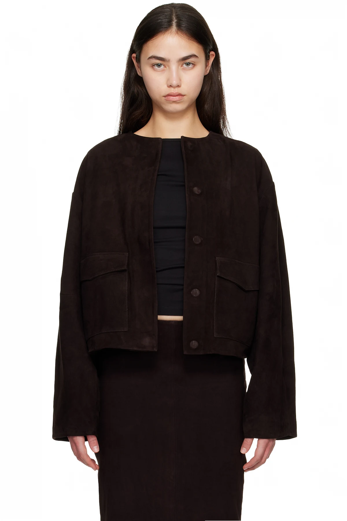Brown Suede Utility Cocoon Bomber Jacket