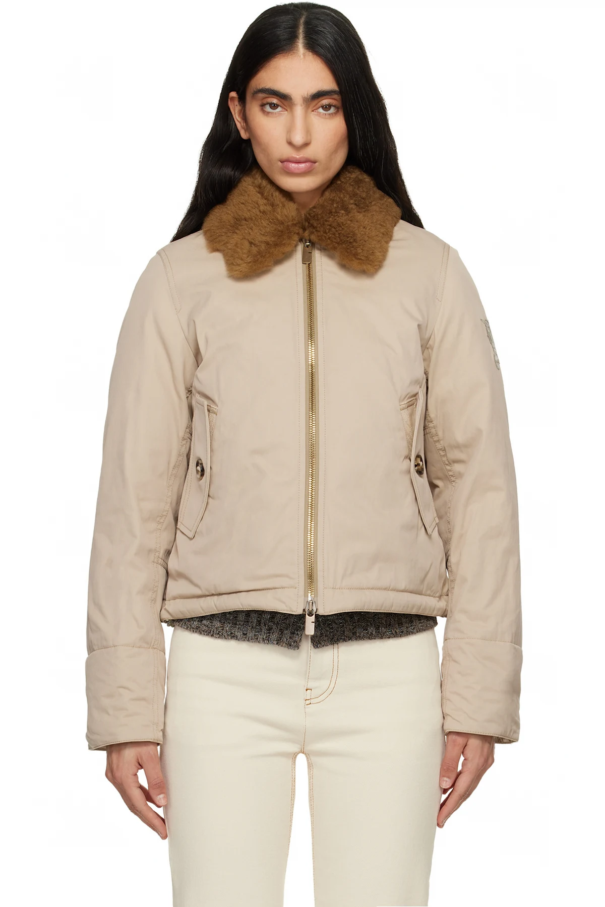 Beige Shearling Collar Gabardine Down Bomber Jacket