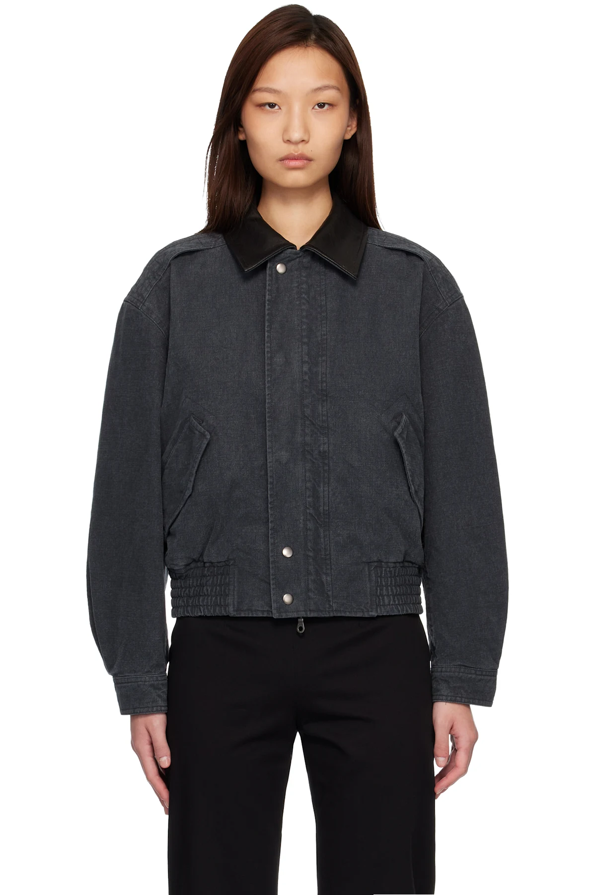Navy Leather Collar Washed Cationized Bomber Jacket