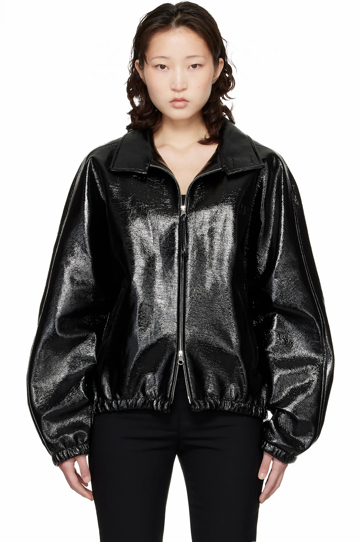 Black Vinyl Zipped Bomber Jacket
