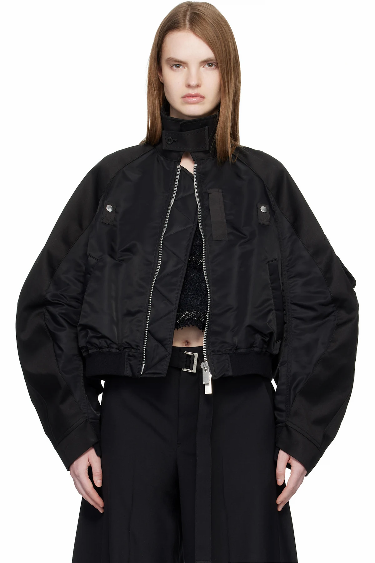 Black Cotton Chino & Nylon Twill Bomber Jacket