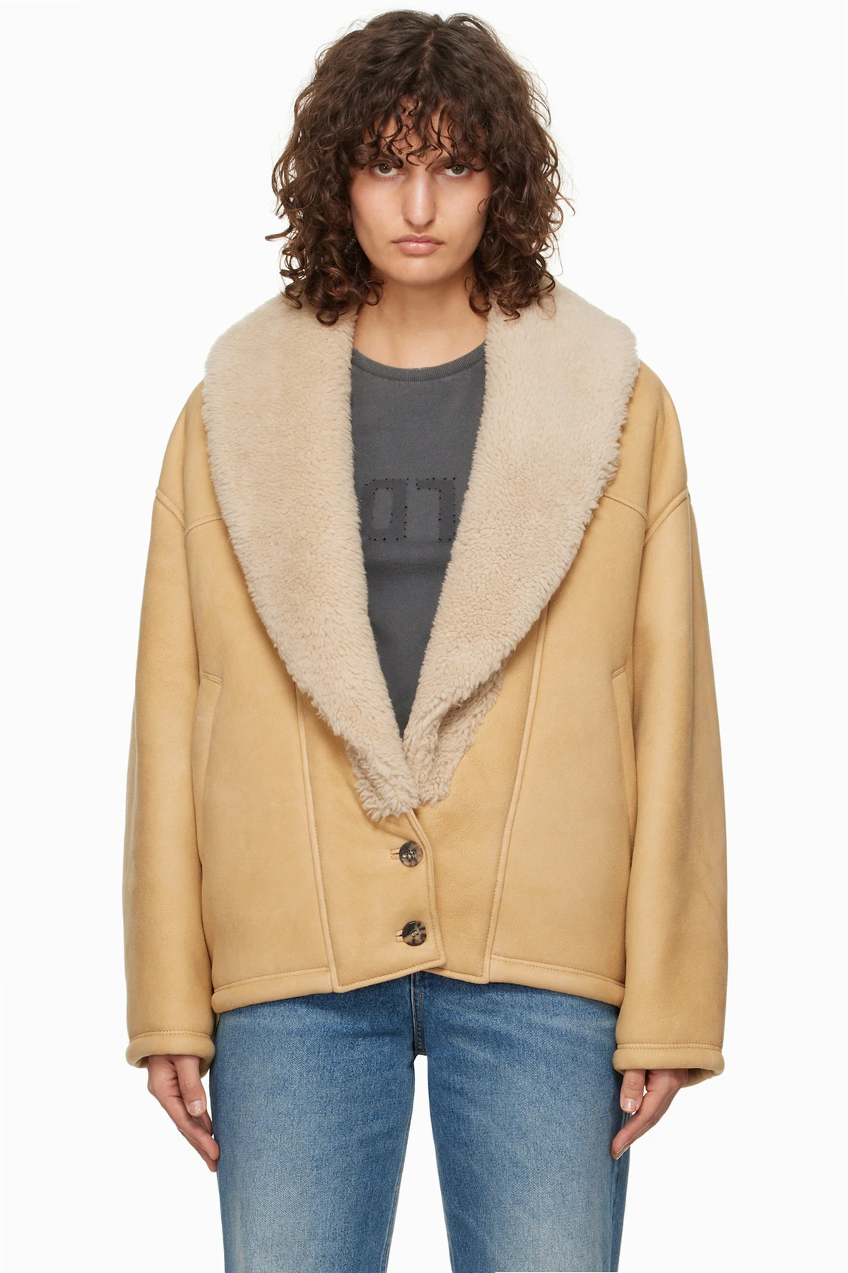 Tan Shawl Collar Shearling Jacket