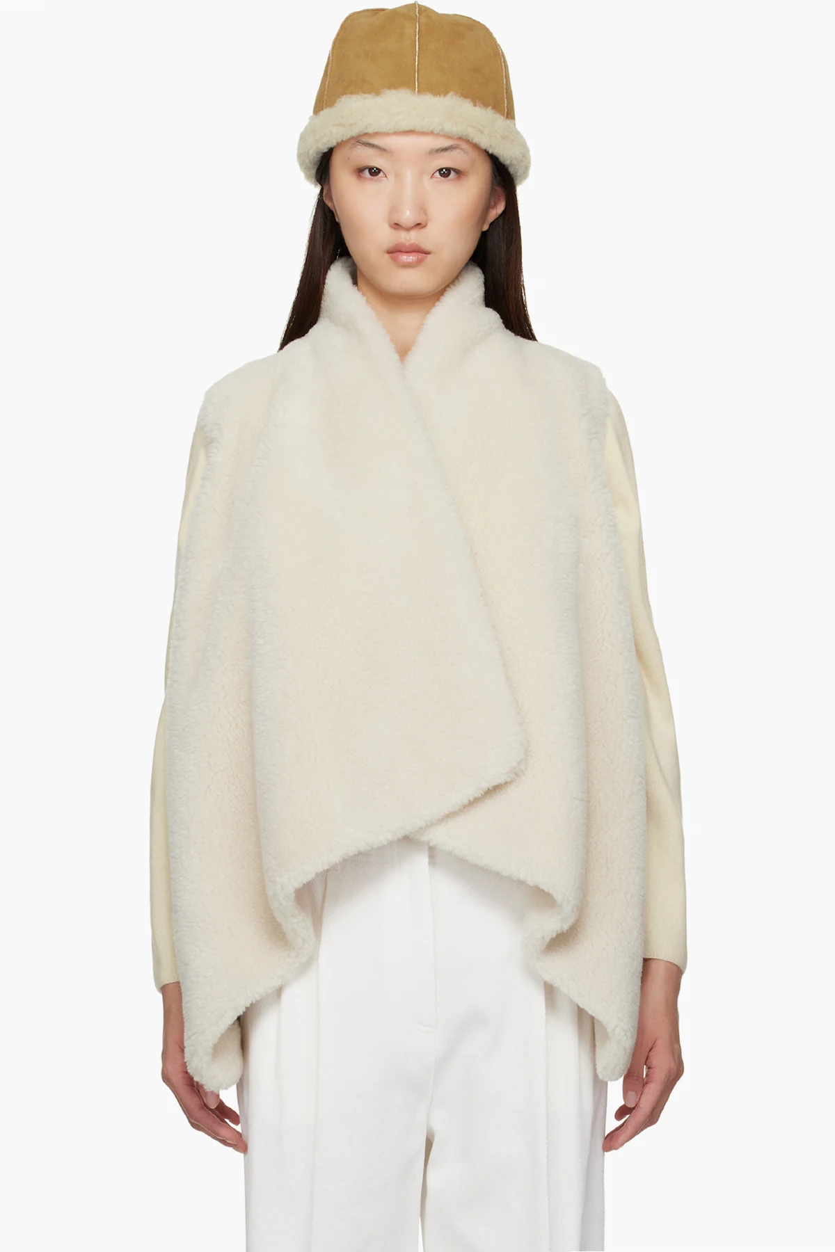 Beige Shawl Collar Faux-Shearling Vest