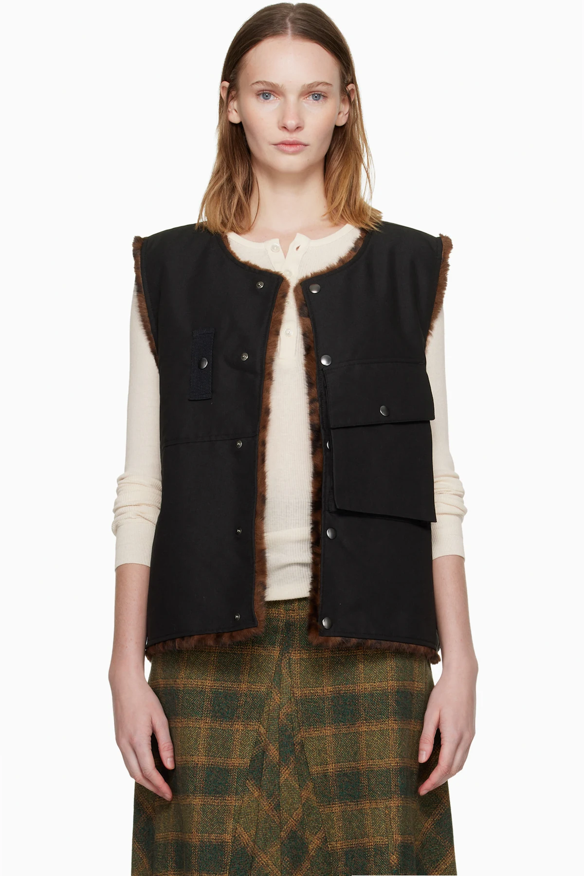Black Collarless Pocket Vest