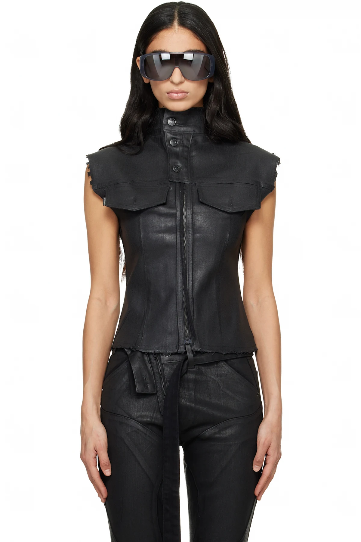 Black Glazed Denim Zip Top