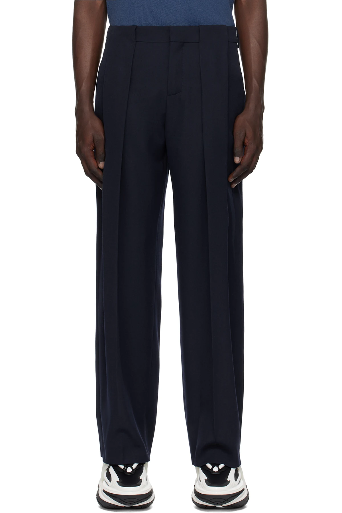Navy Pleated Grain De Poudre Trousers