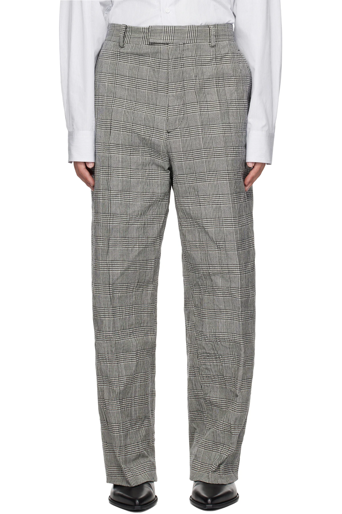 White & Black Metalized Wrinkled Tailored Trousers