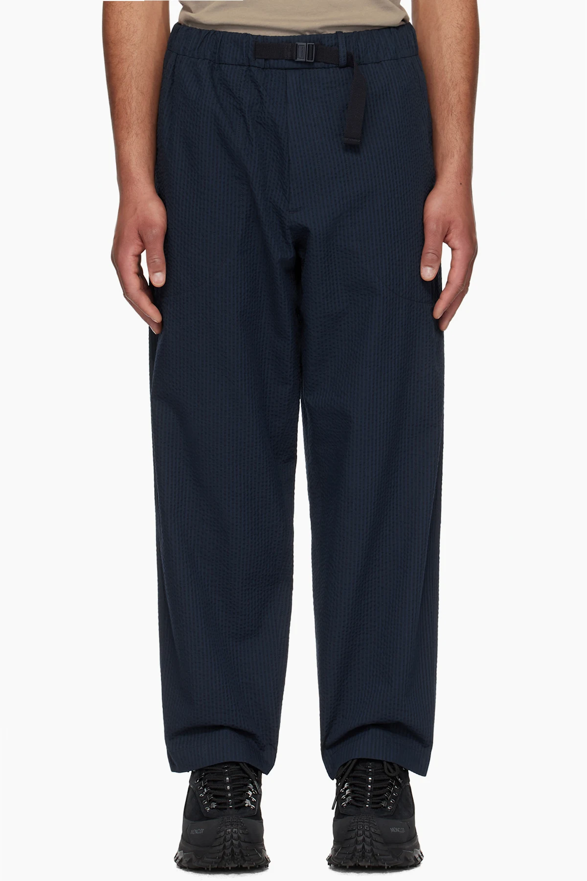 Navy Belted Seersucker Trousers