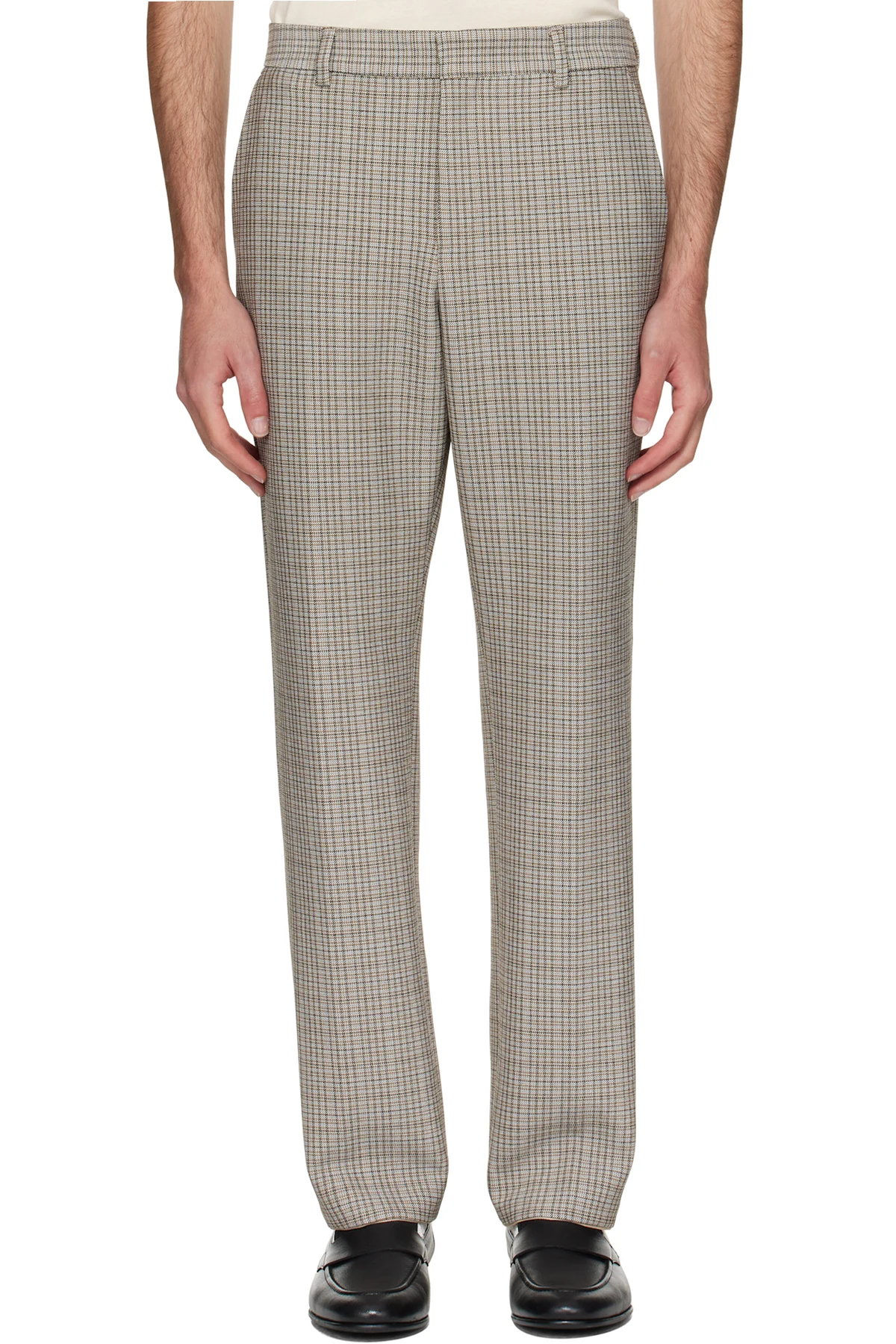 Beige Relaxed-Fit Checked Stretch Fabric Trousers