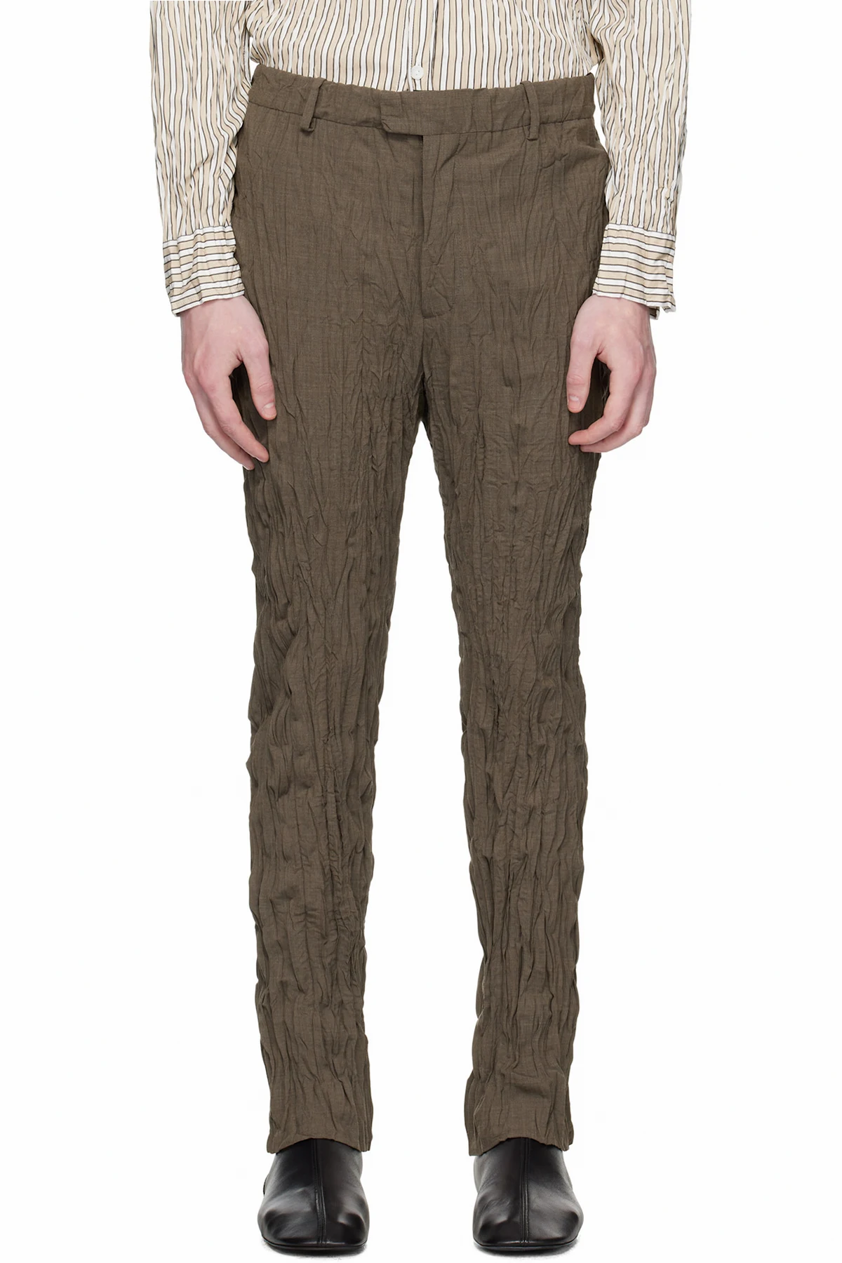 Brown Crushed Wool Slim Trousers