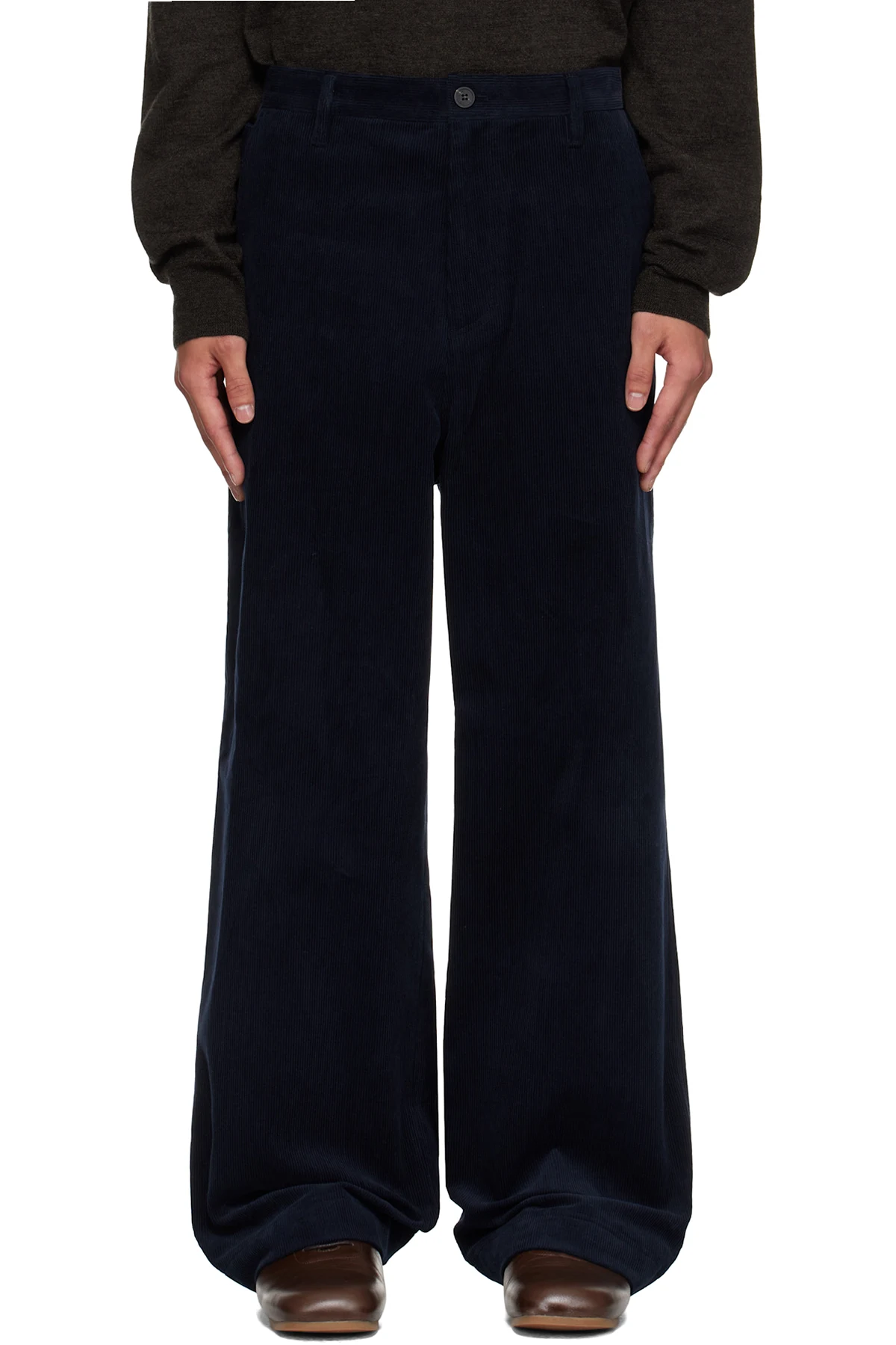 Navy Side Button Corduroy Trousers