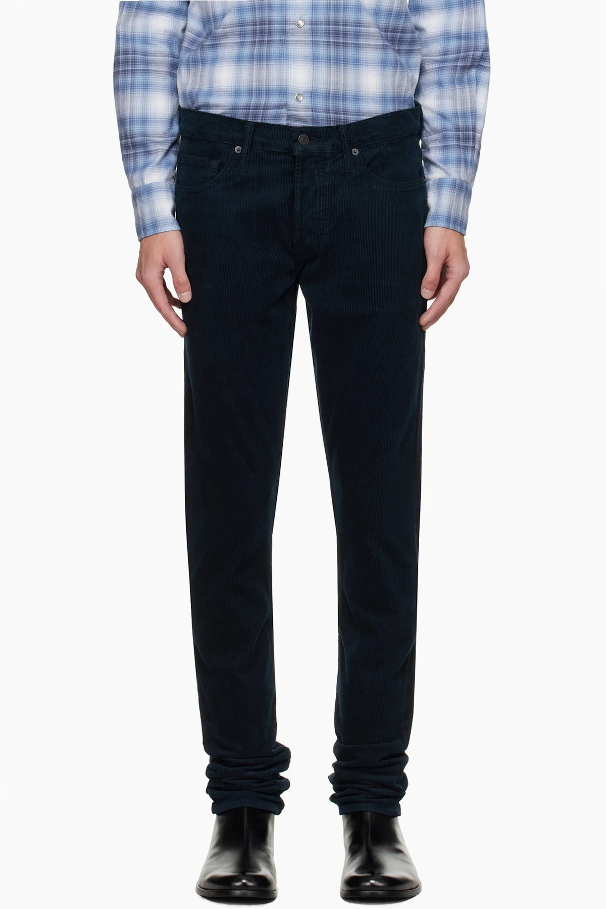 Navy 12 Waves Cord Stretch Slim Fit Trousers