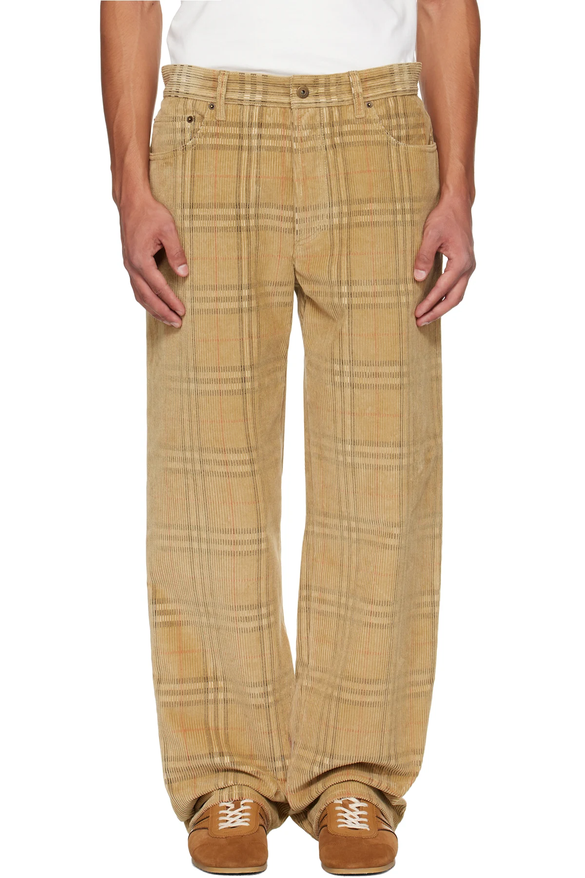 Beige Check Corduroy Trousers
